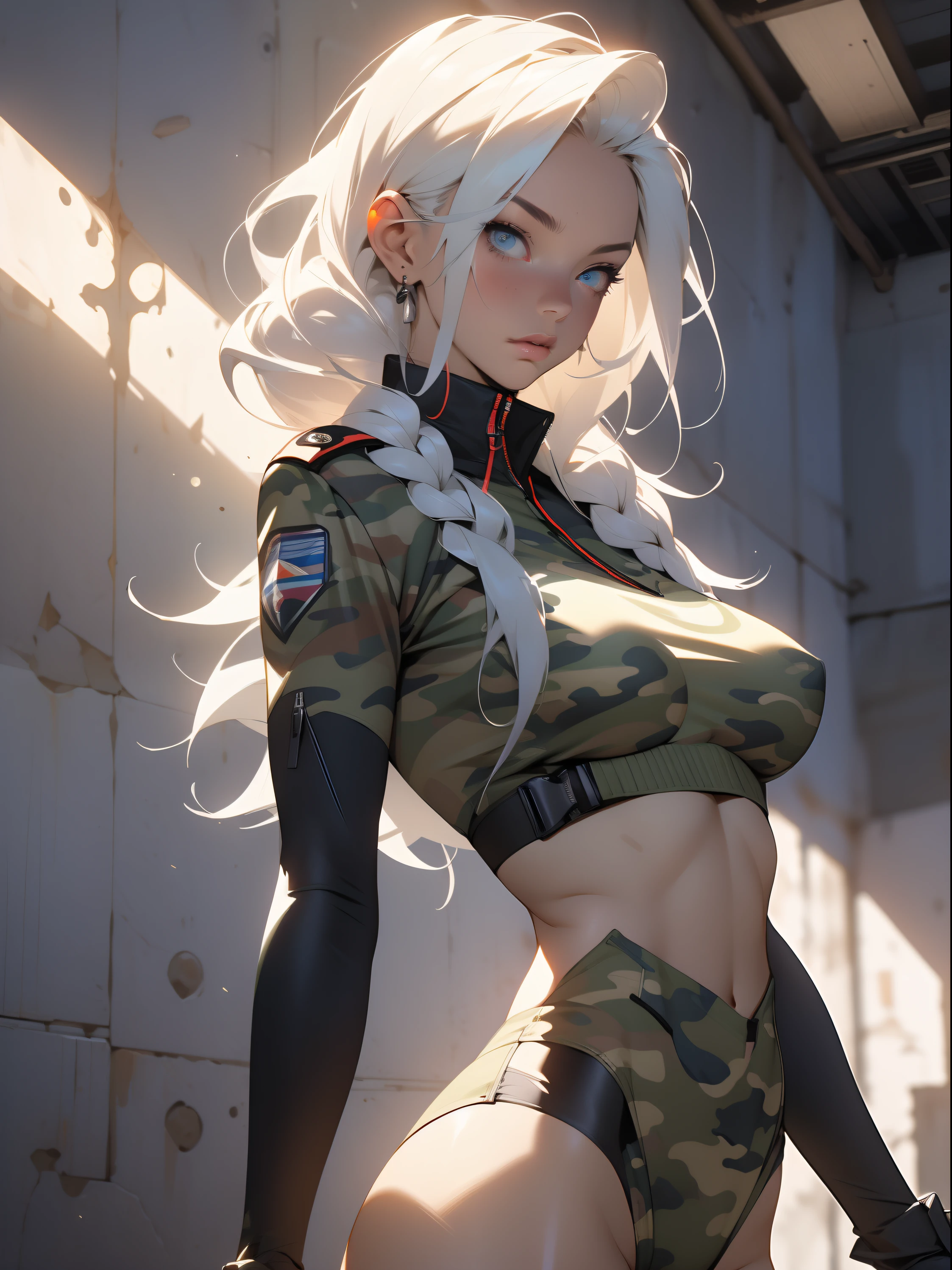 ((Best quality)), ((Masterpiece)), (Detailed: 1.4), (Absurde), A female fighter pilot ready for war in a military bikini, marin, dark skinned, Sculpted body defined, corps entier, Cuisses nues, mouth closed, Cyberpunk, half-naked, generous neckline, ((Perfect huge breasts)), (clear blue eyes), (((Bikini camouflage militaire)), camo bikini, (((cheveux blancs avec tresse)))), longs cils maquillage lourd, porte-jarretelles, jumeler beaucoup, niji --V5, close to real, psychopathe, visage parfait, sexy pose, Background with a giant Evangelion head, 2 piece clothes, cake, centered, scale to suit dimensions, Hdr (High Dynamic Range),Ray Tracing, NVIDIA RTX,Super-Resolution,Unreal 5,Dispersion souterraine, PBR Texture, Post-traitement, Filtrage anisotrope, profondeur de champ, Maximum Clarity and Sharpness, Textures multicouches, Albedo and specular maps, Ombrage de surface, Accurate Simulation of Light-Material Interaction, Proportions parfaites, Rendu octane, two tone lighting, Grande ouverture, ISO faible, Balance des blancs, Rule of Thirds, 8K RAW, Crysisnanosuit Bikini, thigh gap, belles hanches, Cowboy-shot, slender thighs