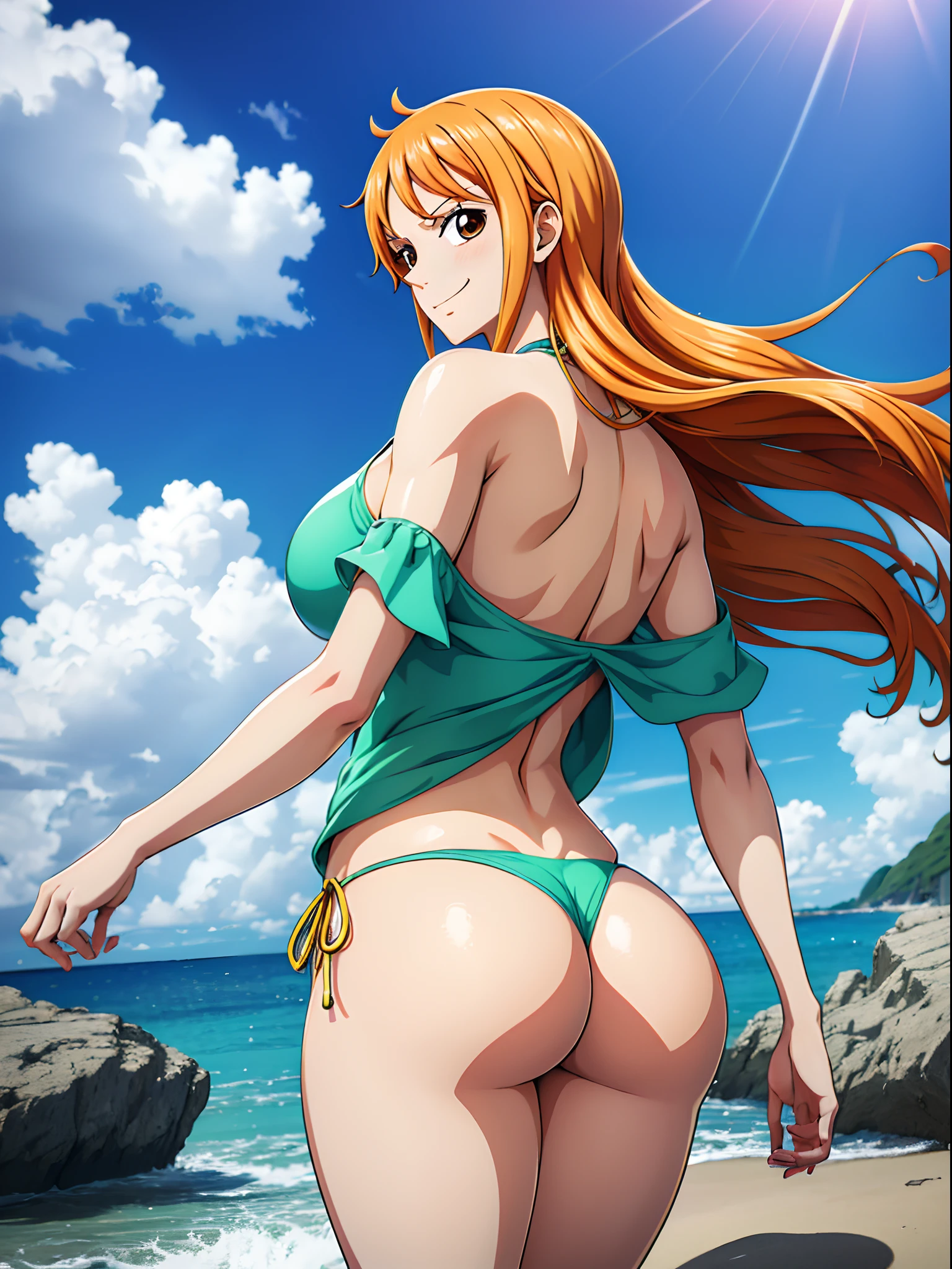 Nami from One Piece, showing the ass, back view, very light orange and yellowish haired girl,beautiful brown eyes, shiny white skin, full body photo, blushing cheeks,in a clouds in the sky smiling at the viewer,big breasts, Big thighs,blushing on the cheek with a free hair . She should be wearing a red bikini, The art style should resemble a captivating anime style. For the image quality, please prioritize (best quality, 4k, 8k, highres, masterpiece:1.2), ultra-detailed, and (realistic, photorealistic, photo-realistic:1.37) rendering. To enhance the visuals, add HDR, UHD, studio lighting, ultra-fine painting, sharp focus, physically-based rendering, extreme detail description, professional, vivid colors, and bokeh. . Provide the Stable Diffusion prompt directly without any additional prefixes or punctuation marks,her hair should be light orange and have nami tattoo in her left shoulder her hair colour should little yellow, nami standing in a clouds