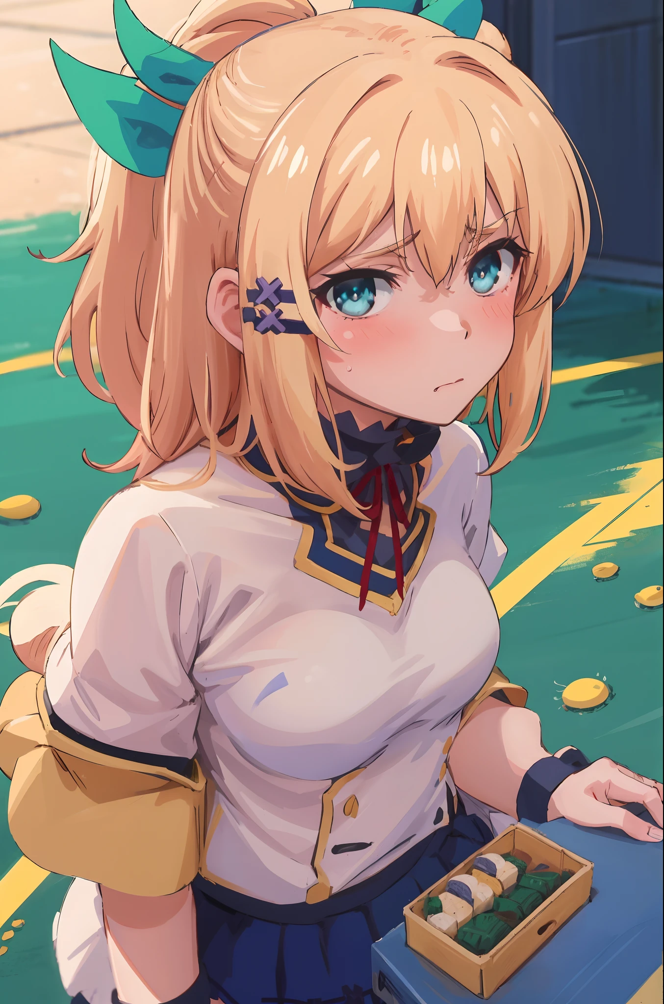 best quality, (masterpiece:1.2), detailed, medieval,
Rumia Tingel,
1girl, solo, blush,
medium hair, blonde hair, short ponytail, blue eyes, green bow, x hair ornament,
(blue bikini), blue eyes, ultra-detailed eyes,
standing, looking at the viewer, ((disgust,  disdain,  blush, close up)), ((upper body)), confronting viewer, medium breasts,  medium hair, simple background.