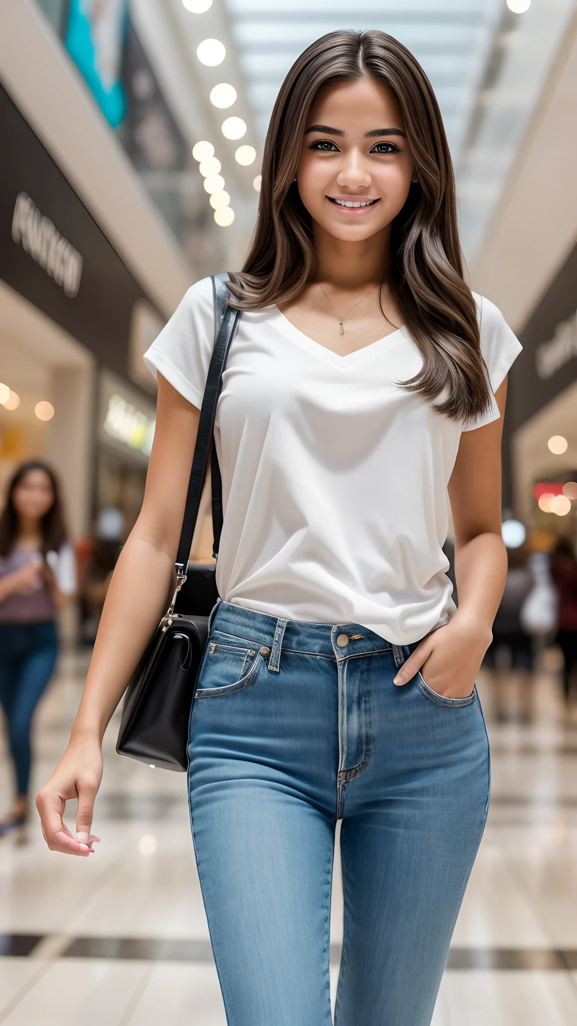 Hyper realistic and detailed full body photo of one young smiling beautiful college girl walking in the mall. Sharp light. perfect eyes, (Eye makeup:1.1), (highly detailed skin:1.1), RAW, analog style, sharp focus, 8k UHD, DSLR, high quality, Fujifilm XT3, grain, award winning, masterpiece.