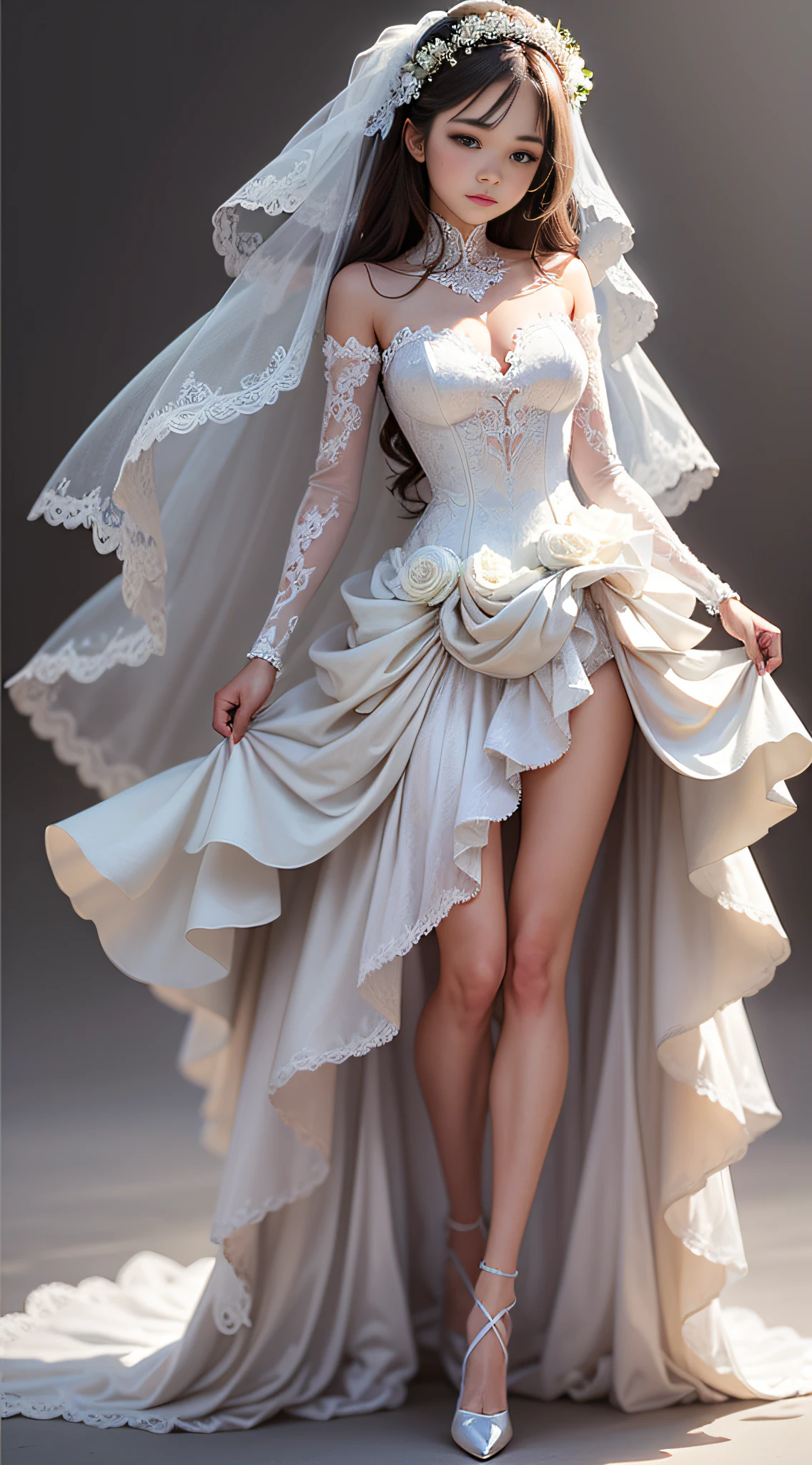 A girl, dressed in a wedding dress, white wedding dress, full body drawing, slim, long legs