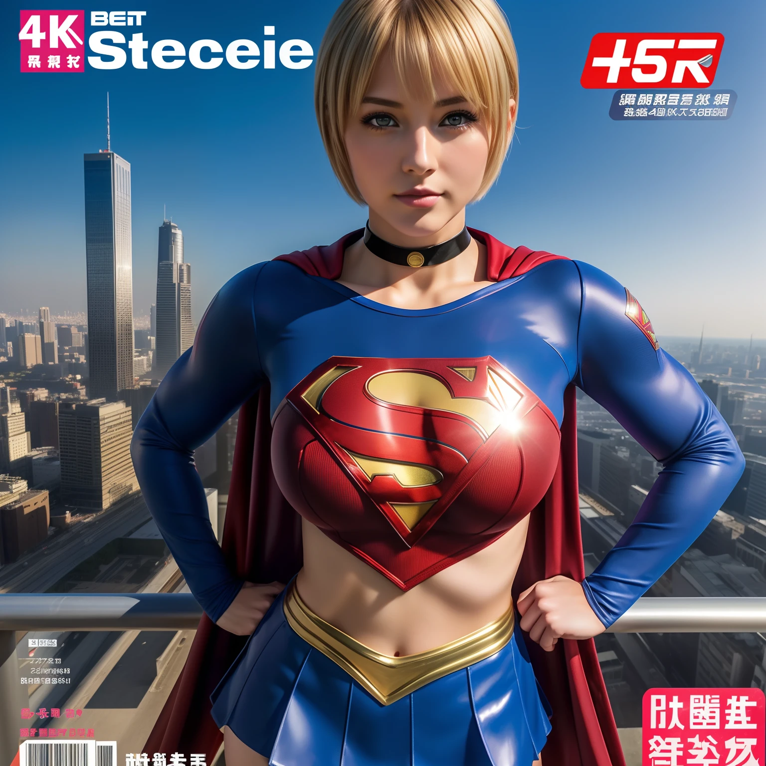 (Best Quality,4K,8K,hight resolution,masutepiece:1.2),Ultra-detailed,Realistic:1.37,Super masterpiece,Short-haired Supergirl、large full breasts、Looking at the camera、Glossy costume、a choker、Too short miniskirt、Weekly magazine cover、Powerful Pose、