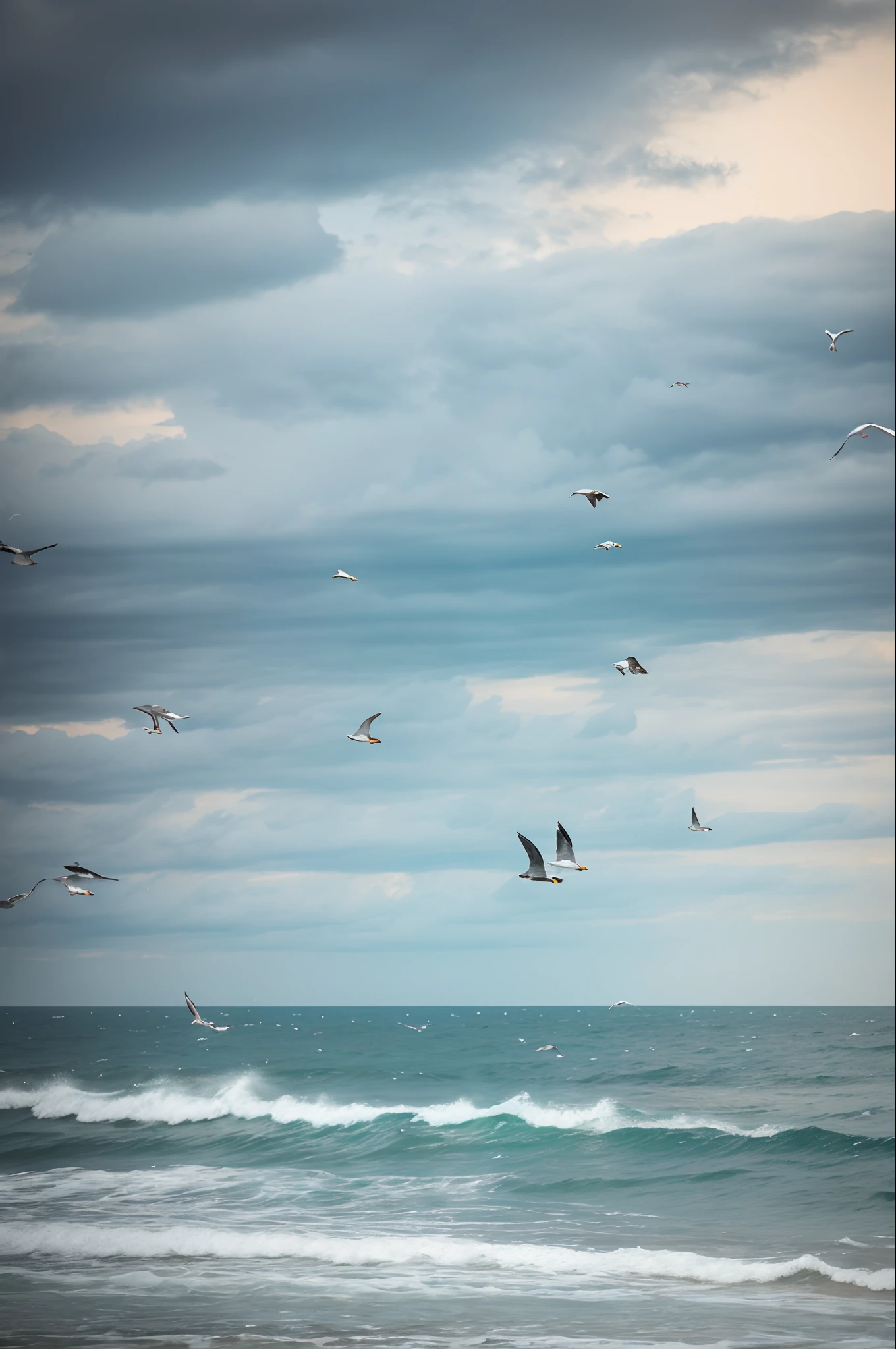sea level,Flying seagulls,There are many of them,Many seagulls circling,Without sunlight,overcast day,Dark tone,Photographic works,high detal,Pubic area is clear,No Man,