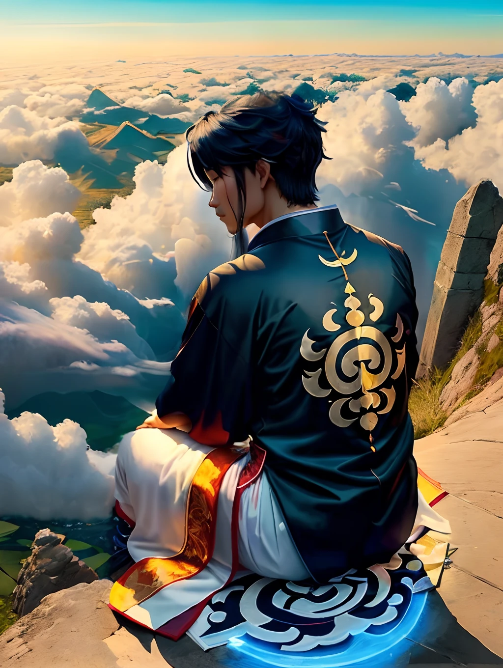 Wearing a navy blue robe,The back of the male Taoist,Face away from the picture,Meditate,The ground has lotus lines glowing with lines