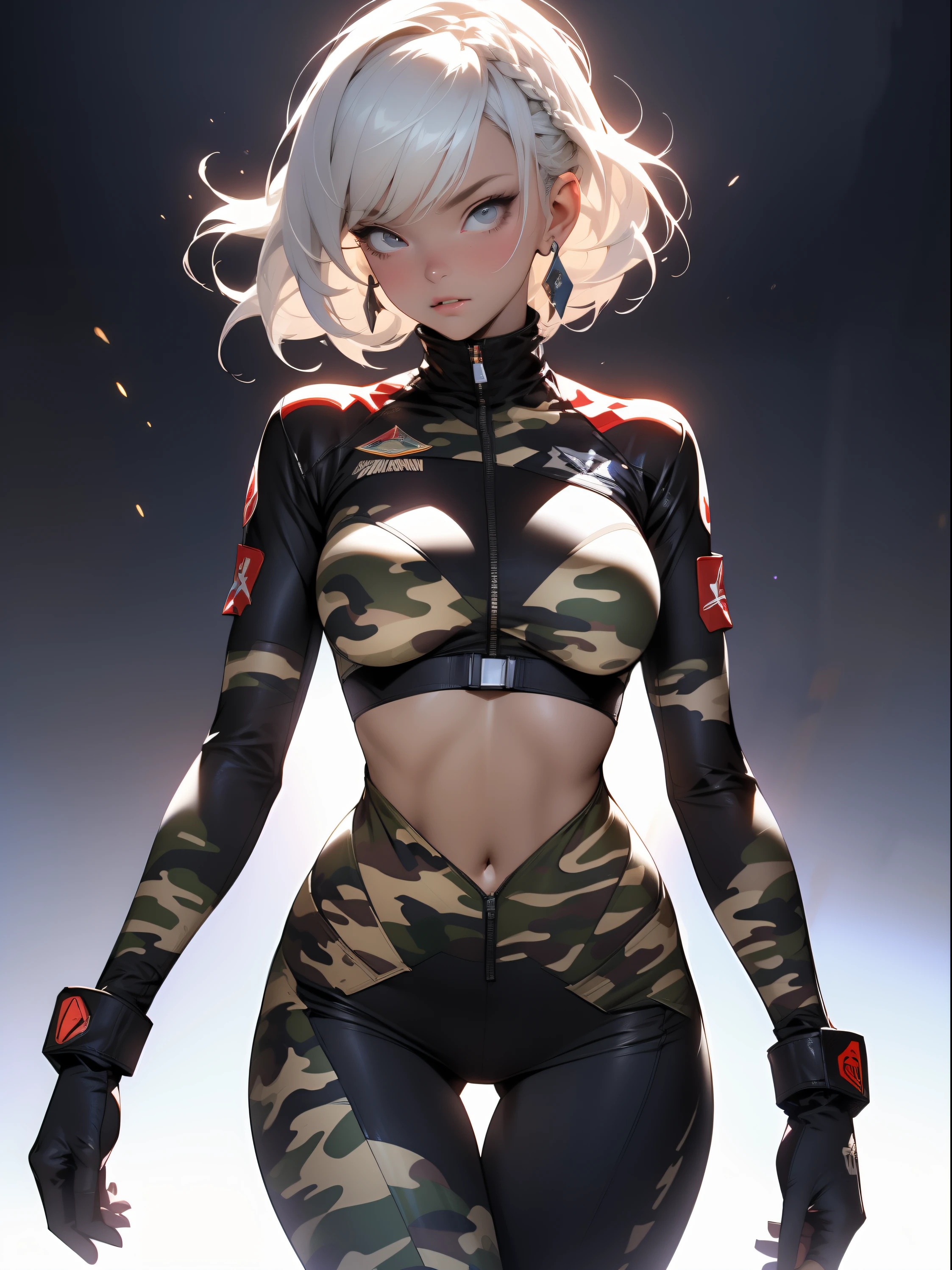 ((Best quality)), ((Masterpiece)), (Detailed: 1.4), (Absurde), A female fighter pilot ready for war in a military bikini, marin, dark skinned, Sculpted body defined, corps entier, Cuisses nues, mouth closed,  Cyberpunk, half-naked, generous neckline, ((Perfect huge breasts)), (Yeux bleu clair super clairs sans pupilles), (((Bikini camouflage militaire)),  (((cheveux blancs avec tresse)))), longs cils maquillage lourd, porte-jarretelles, jumeler beaucoup, niji --V5, close to real, psychopathe, visage parfait, sexy pose, Background with a giant Evangelion head, 2 piece clothes, cake, centered, scale to suit dimensions, Hdr (High Dynamic Range),Ray Tracing, NVIDIA RTX,Super-Resolution,Unreal 5,Dispersion souterraine, PBR Texture, Post-traitement, Filtrage anisotrope, profondeur de champ, Maximum Clarity and Sharpness, Textures multicouches, Albedo and specular maps, Ombrage de surface, Accurate Simulation of Light-Material Interaction, Proportions parfaites, Rendu octane, two tone lighting, Grande ouverture, ISO faible, Balance des blancs, Rule of Thirds, 8K RAW, Crysisnanosuit Bikini, thigh gap, belles hanches, Cowboy-shot