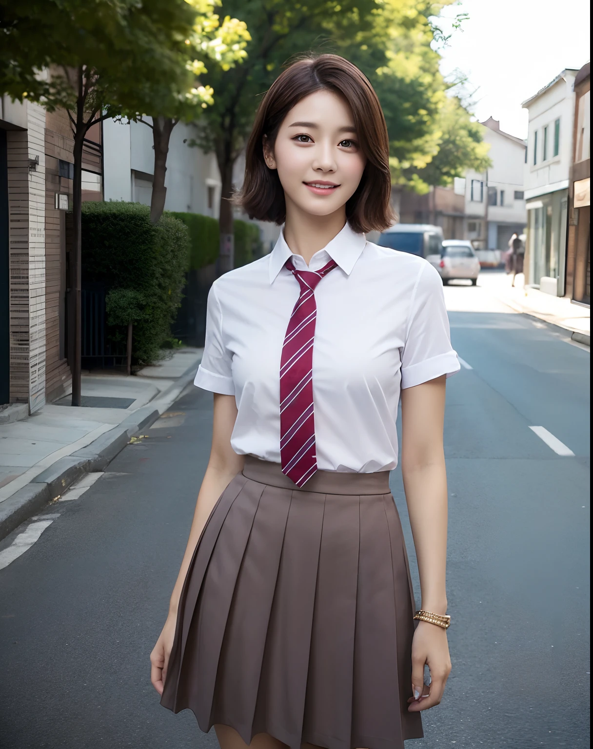 Beautiful woman with perfect figure, Very detailed face and skin texture, Smile Face, Detailed eyes, Short hair, a little messy hair, School uniform, standing on an empty street, High resolution, Photorealistic、Brown pleated skirt、red necktie