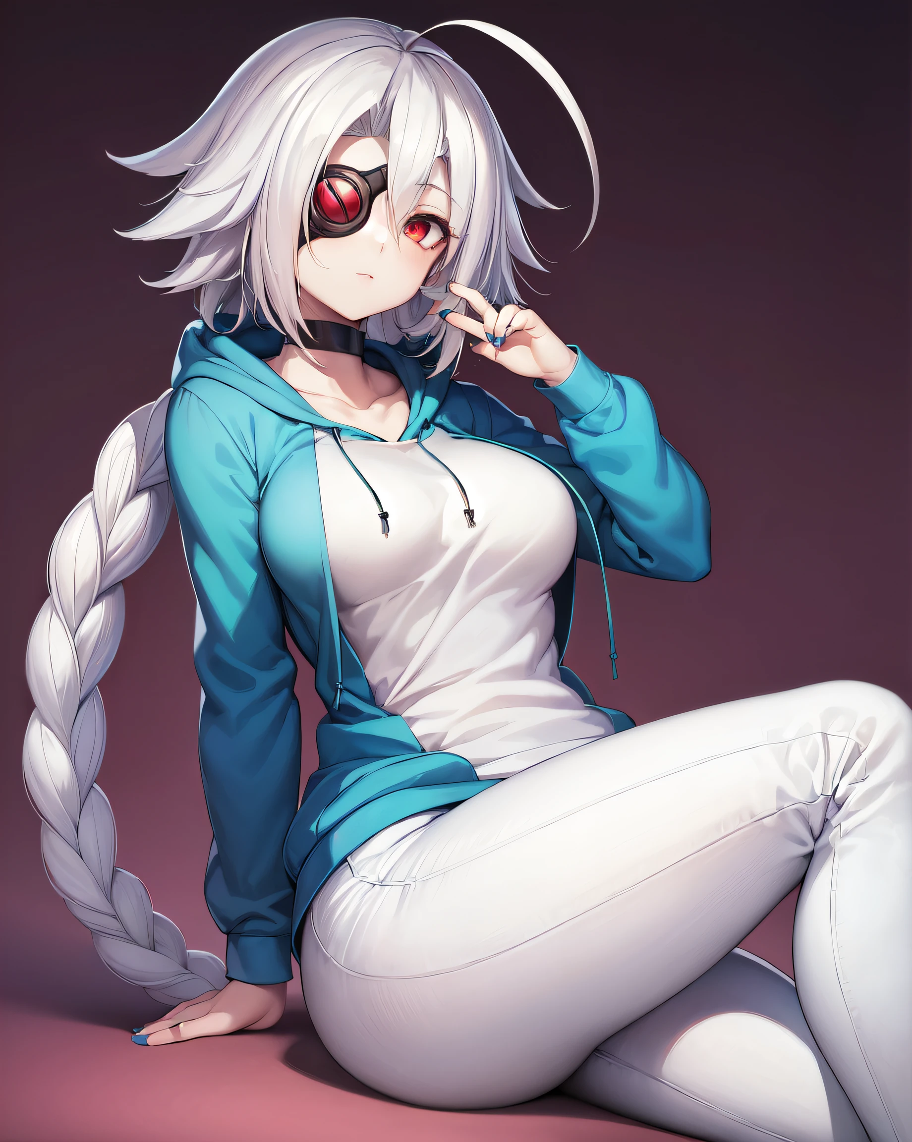 (best quality, highres, masterpiece:1.2), 1girl, nu-13, white hair, red eyes, eyepatch, ahoge, single braid, braid, pale skin, white pants, hoodie, thick thighs, pink background, simple background, best shadows, detailed eyes, nail polish