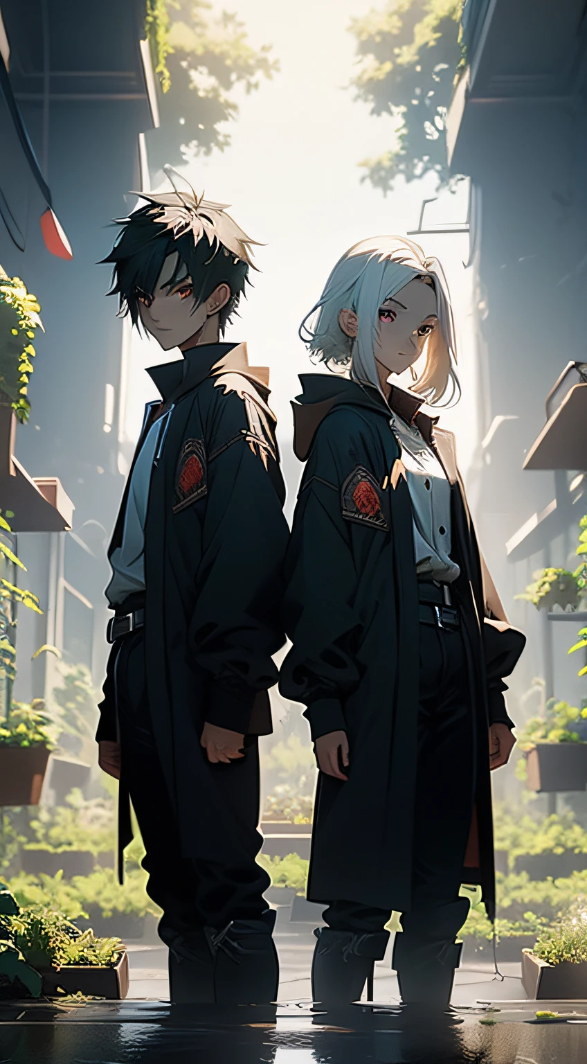 top-quality tmasterpiece Male and female duo Vegetable garden in another world The male protagonist grows vegetables The female protagonist looks at the male protagonist with white hair and black eyes The female protagonist has black hair and red eyes