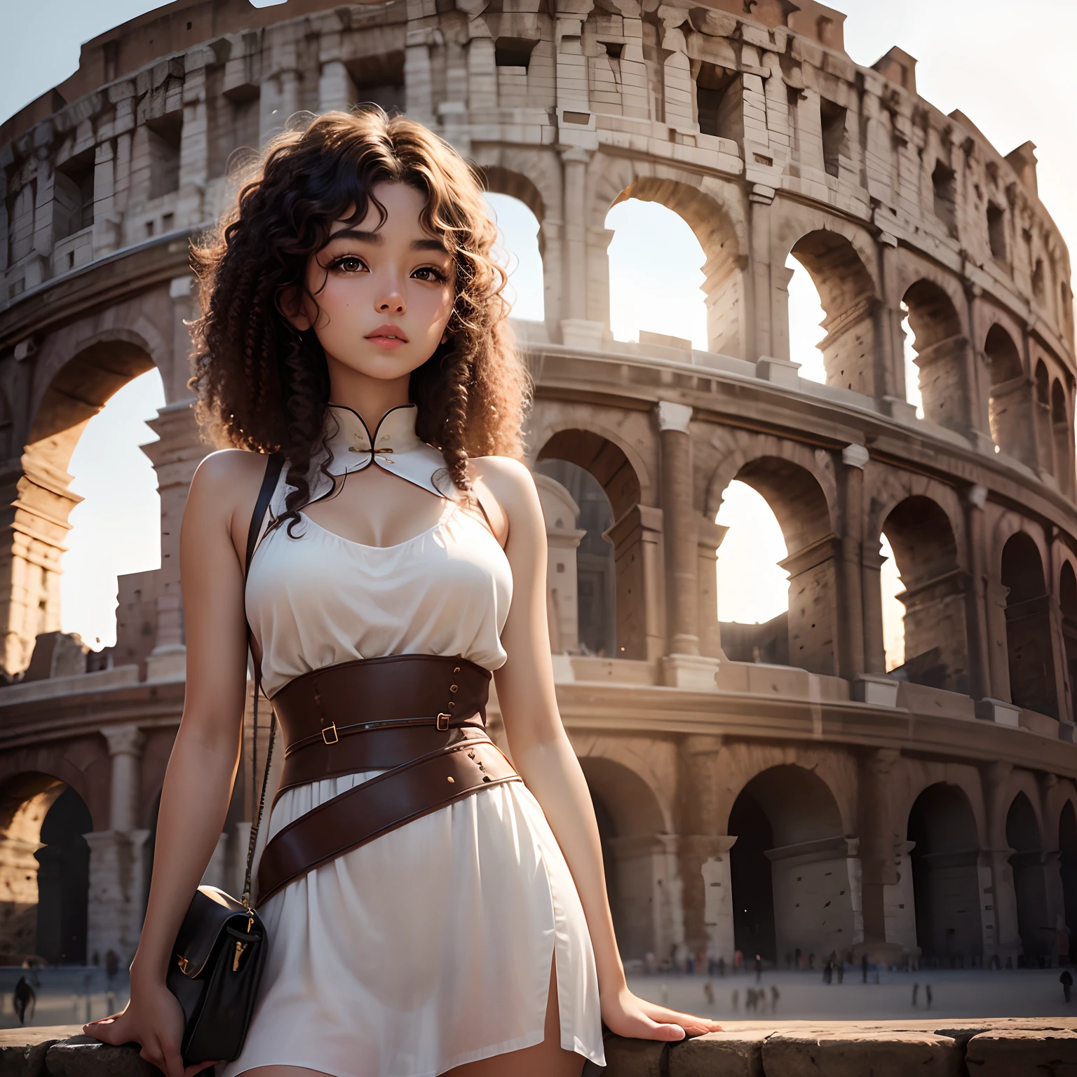 An Italian-Chinese brown curly-haired girl in the Colosseum