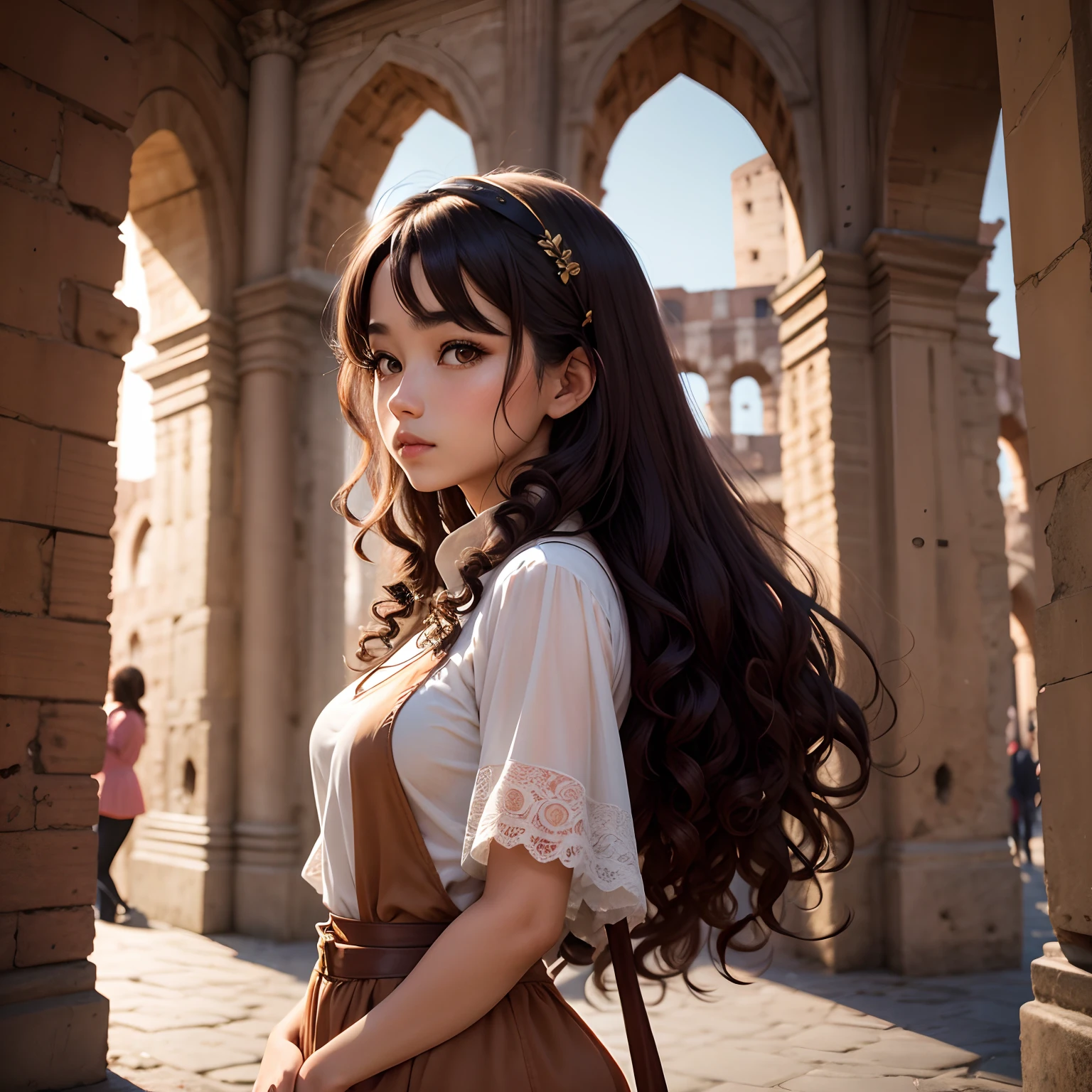 An Italian-Chinese brown curly-haired girl in the Colosseum