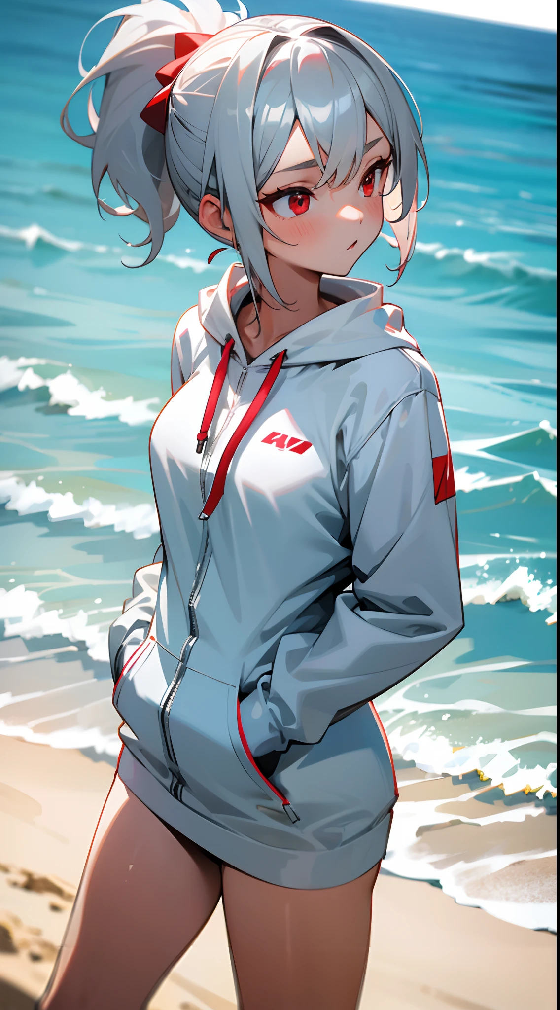 1girl, short ash grey hair, short ponytail, red eyes, wearing white zip hoodie, white swimsuit, hairpin, high res, ultrasharp, 8K, masterpiece, beach, beach volleyball