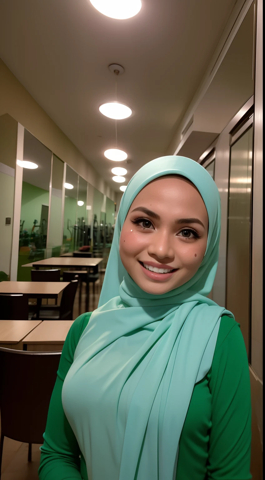 Malay girl in hijab, wear pastel green peplum dress, going to dinner, smiling, very long white hijab, wear necklace, front view, hiajb blown, windy, detail skin, age spot, detail skin texture, mole below eyes, small breast, flat chest, wide hips, small waists, thick thighs, slim abs, beautiful body, nighttime, laughing, happy, bright lighting, people in background, college gym background, blur background, bokeh, location: dinner hall,