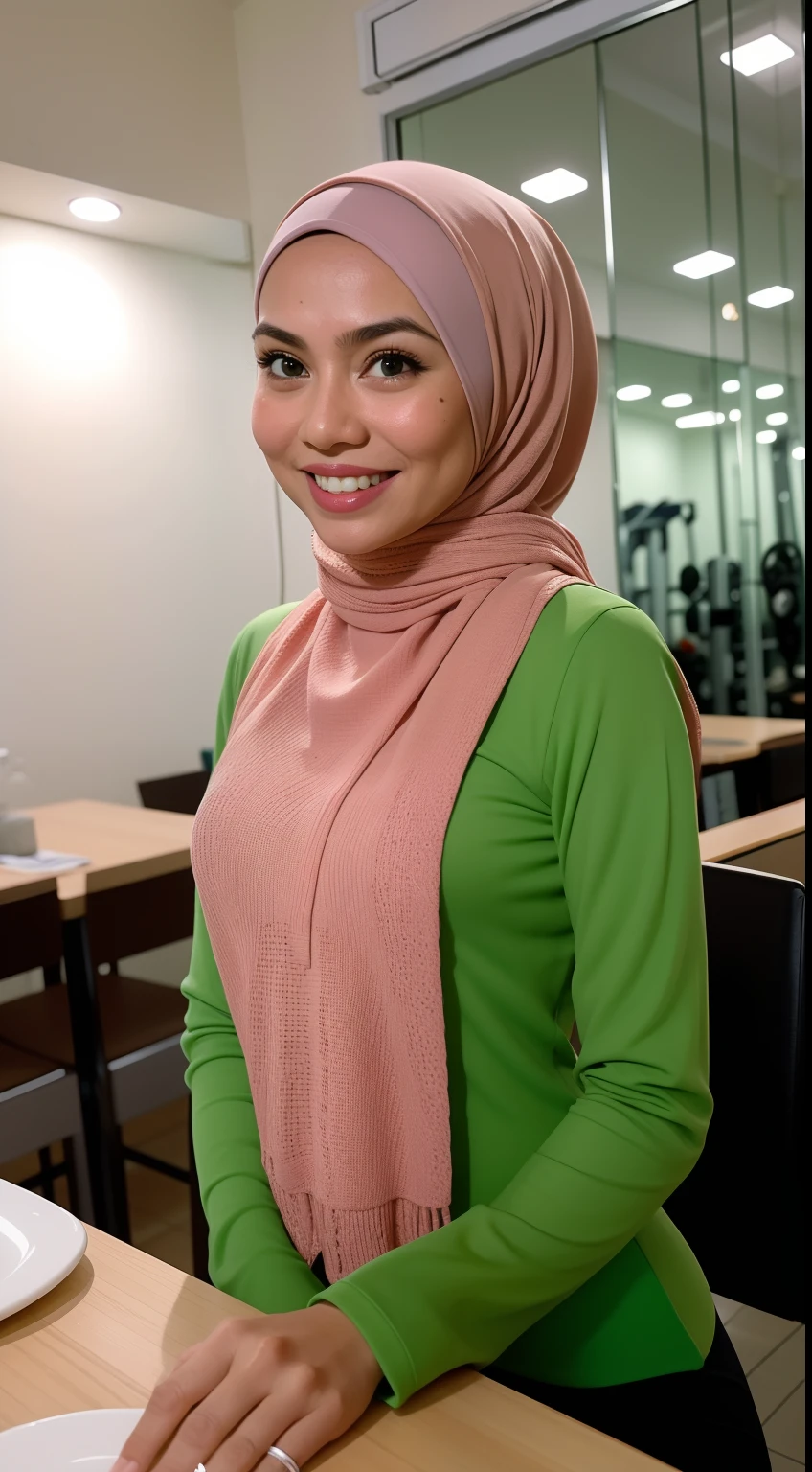 Malay girl in hijab, wear pastel green peplum dress, going to dinner, smiling, very long white hijab, wear necklace, front view, hiajb blown, windy, detail skin, age spot, detail skin texture, mole below eyes, small breast, flat chest, wide hips, small waists, thick thighs, slim abs, beautiful body, nighttime, laughing, happy, bright lighting, people in background, college gym background, blur background, bokeh, location: dinner hall,