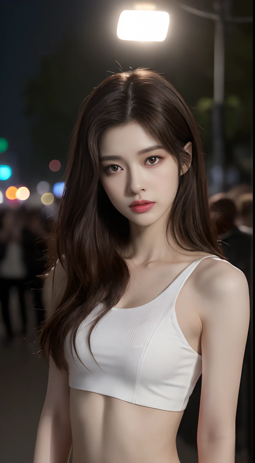 A close up of a woman in a white top and black pants - SeaArt AI