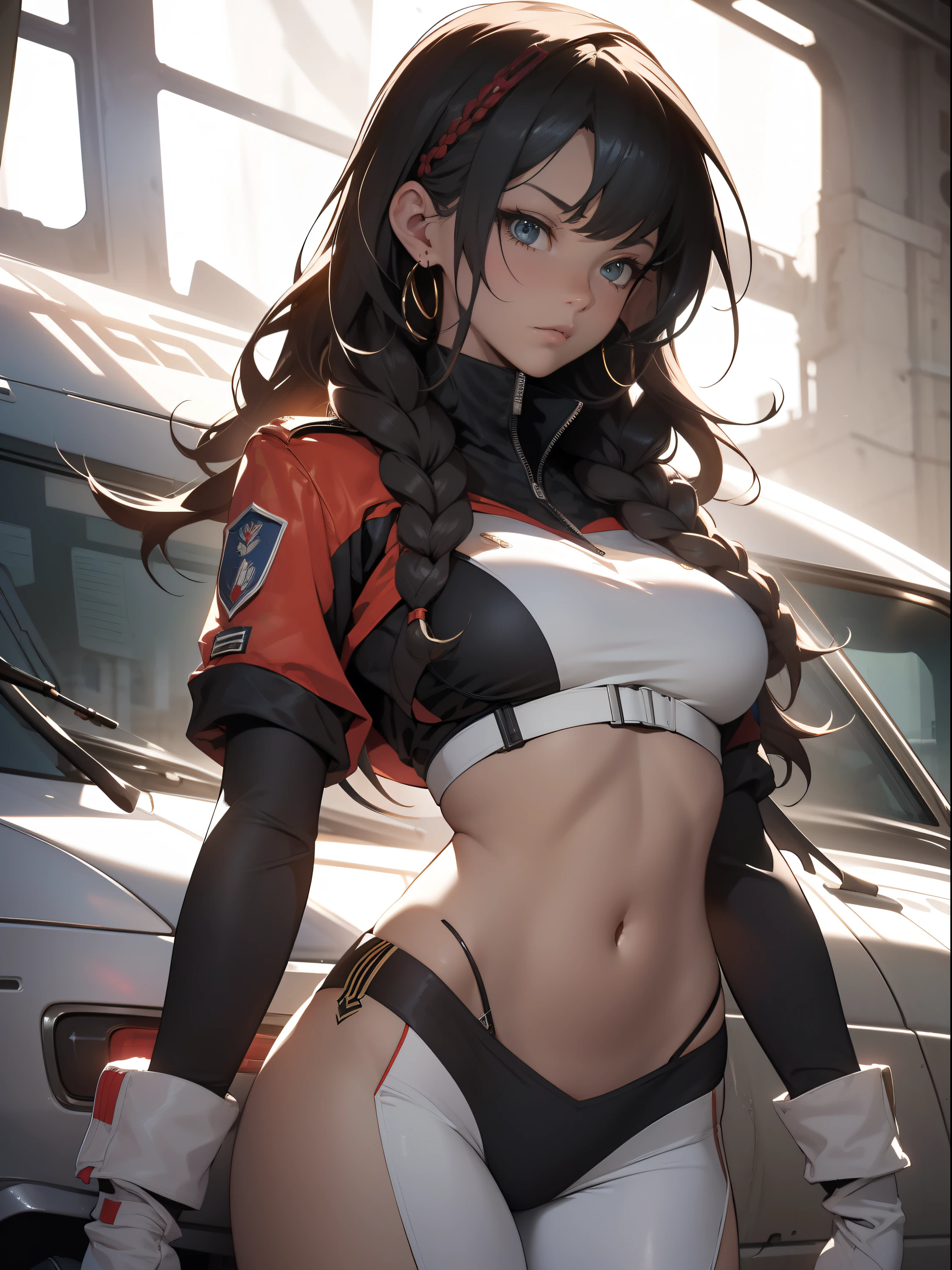 ((Best quality)), ((Masterpiece)), (Detailed: 1.4), (Absurde), A female fighter pilot ready for war in a military bikini, marin, dark skinned, Sculpted body defined, corps entier, Cuisses nues, mouth closed, Cyberpunk, half-naked, generous neckline, ((Perfect huge breasts)), (Yeux bleu clair super clairs pupilles), (((Bikini camouflage militaire)), (((cheveux blancs avec tresse)))), longs cils maquillage lourd, porte-jarretelles, jumeler beaucoup, niji --V5, close to real, psychopathe, visage parfait, sexy pose, Background with a giant Evangelion head, 2 piece clothes, cake, centered, scale to suit dimensions, Hdr (High Dynamic Range),Ray Tracing, NVIDIA RTX,Super-Resolution,Unreal 5,Dispersion souterraine, PBR Texture, Post-traitement, Filtrage anisotrope, profondeur de champ, Maximum Clarity and Sharpness, Textures multicouches, Albedo and specular maps, Ombrage de surface, Accurate Simulation of Light-Material Interaction, Proportions parfaites, Rendu octane, two tone lighting, Grande ouverture, ISO faible, Balance des blancs, Rule of Thirds, 8K RAW, Crysisnanosuit Bikini, thigh gap, belles hanches, Cowboy-shot