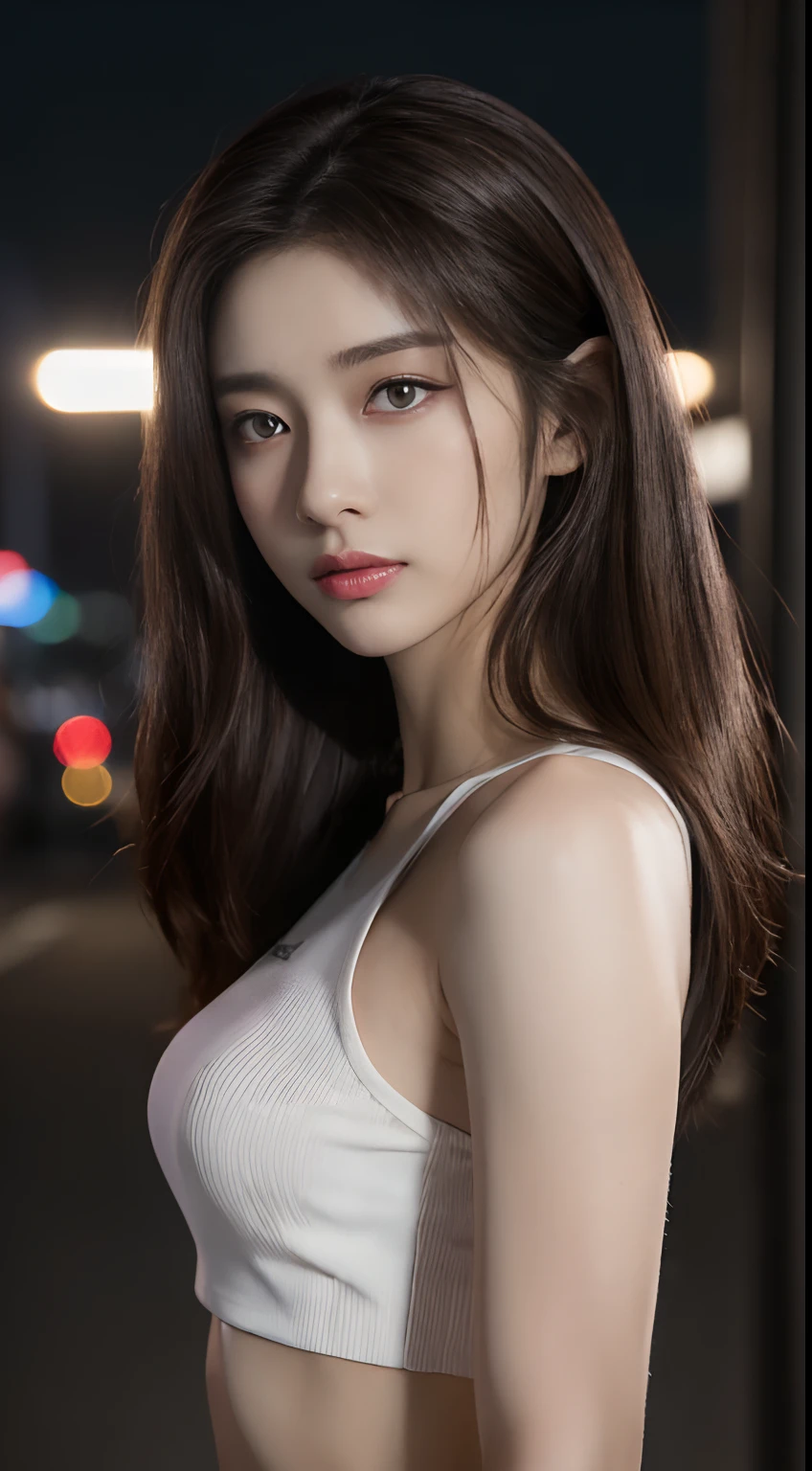 ((Realistic lighting, Best quality, 8K, Masterpiece: 1.3)), Clear focus: 1.2, 1girl, Perfect Figure: 1.4, Slim Abs: 1.1, ((Dark brown hair)), (White crop top: 1.4), (Outdoor, Night: 1.1), City streets, Super fine face, Fine eyes, Double eyelids,