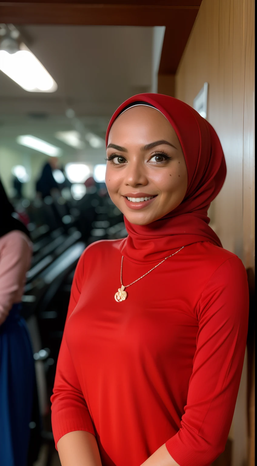 Malay girl in hijab, wear pastel red peplum dress, going to dinner, smiling, very long white hijab, wear necklace, front view, hijab blown, windy, detail skin, age spot, detail skin texture, mole below eyes, small breast, flat chest, wide hips, small waists, thick thighs, slim abs, beautiful body, nighttime, laughing, happy, bright lighting, people in background, college gym background, blur background, bokeh, location: dinner hall,