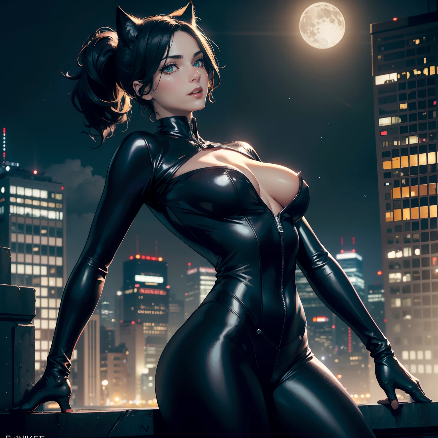 Hyper realistic super detailed sexy woman, Une fille confiante, NSFW (en anglais seulement), Very detailed, expressions faciales sexy, seductive facial expressions, [:(Face detail: 1.4): 0.4], 16K resolution, 4k resolution, dinamic lighting, High definition resolution, (sexy pose, Attractive position), (hyper realistic: 1.4), (back light: 1.2), (sun light: 1), (pleine hauteur: 1.8),(contrasting background: 1.5), (??????? of the hyperrealistic arm), (Hyperrealistic leg anatomy), (peau propre), (lighting cinematic: 1.7), (intime), (Technologie NVIDIA RTX Ray Tracing), (??????? of the hyperrealistic arm: 2), (Ventre plat parfait), (image couleur), (Masterpiece, 4k resolution, ultra-realistic, Very detailed), Create a 4K masterpiece, ultra-realistic and incredibly detailed, featuring Catwoman as the central subject. Catwoman, also known as Selina Kyle, is a charismatic anti-heroine known for her cunning and alluring presence. She stands amidst the dimly lit rooftops of Gotham City, the urban skyline and moonlit night as her backdrop.

Catwoman has her signature look, with her sleek black catsuit, mask, and whip. Her captivating green eyes exude both cunning and determination. Her dark hair cascades down her back, adding to her mysterious allure.

The artwork should portray Catwoman in full body, in a dynamic yet graceful pose that reflects her agility and charm. Perhaps she's in the midst of a rooftop heist, poised to make a daring leap across the cityscape or using her whip for acrobatic maneuvering. The Gotham City rooftop setting should be rendered with dynamic lighting, with the moon casting a subtle glow on the scene, and the city's lights illuminating the night, creating a captivating atmosphere that complements Catwoman's presence.