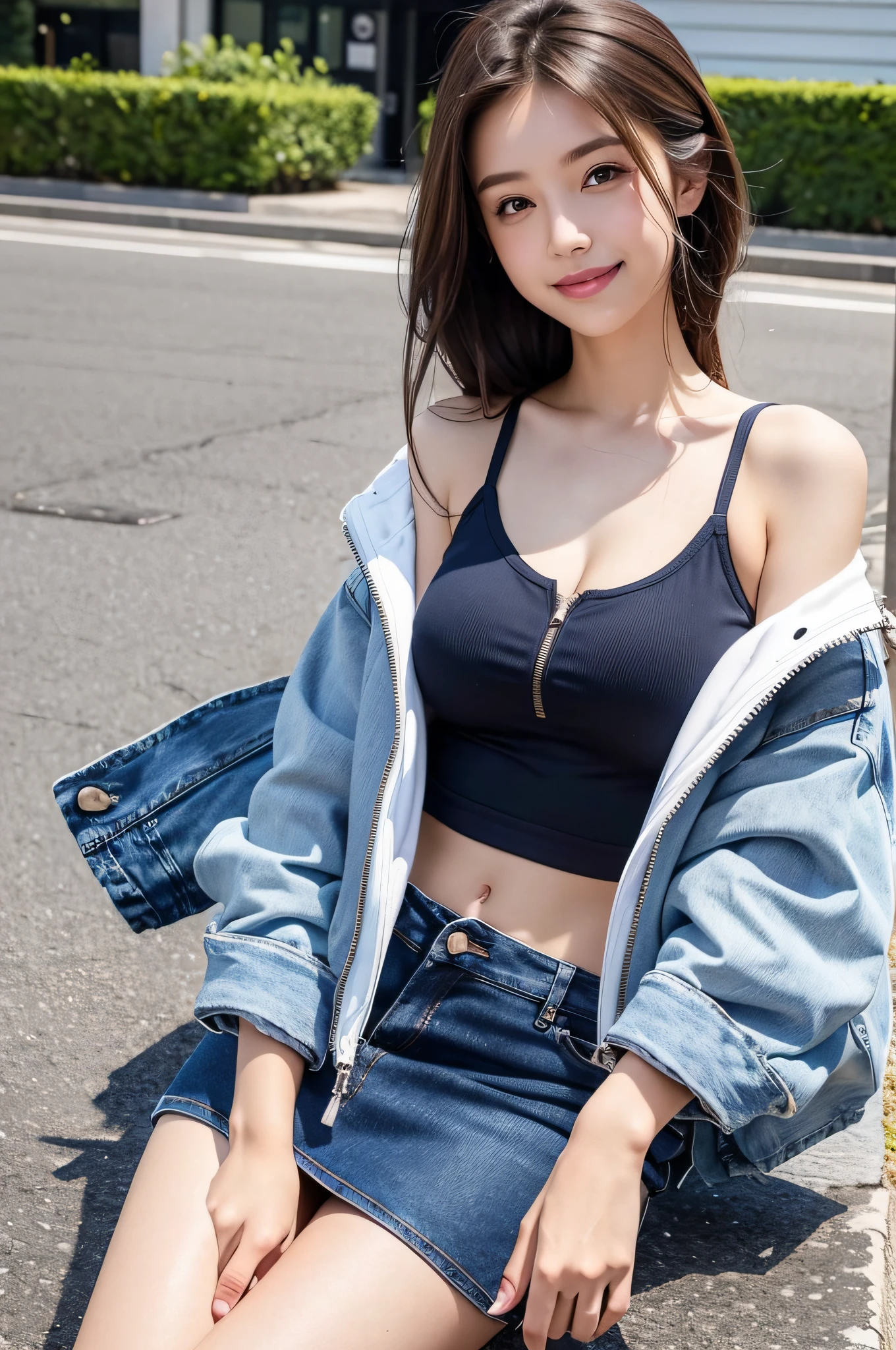 Realism: 0.8), 6+ Girls, (a 18 year old girl: 1.4), Neat and clean gal, (Big breasts: 1.4), (cheeky grin: 1.1), (stolen goods: 1.1), Camisole, Mesh (Tank top: 0.9), (Tube Top: 1.1), T-shirt, Off-the-shoulder crop top, Mini skirt, sneakers, Sandals, (denim: 0.9), (Shorts: 0.9), Compression shorts, (parka: 1.1), (Track jacket: 1.1), (windbreaker: 1.1), (Jeans Jacket: 1.1), (Unzip: 1.2), Open front, ((on a parking lot))、Unzipping jeans、Big curly hair、(((Jeans super mini skirt)))、Jeans super mini skirt、Crouching