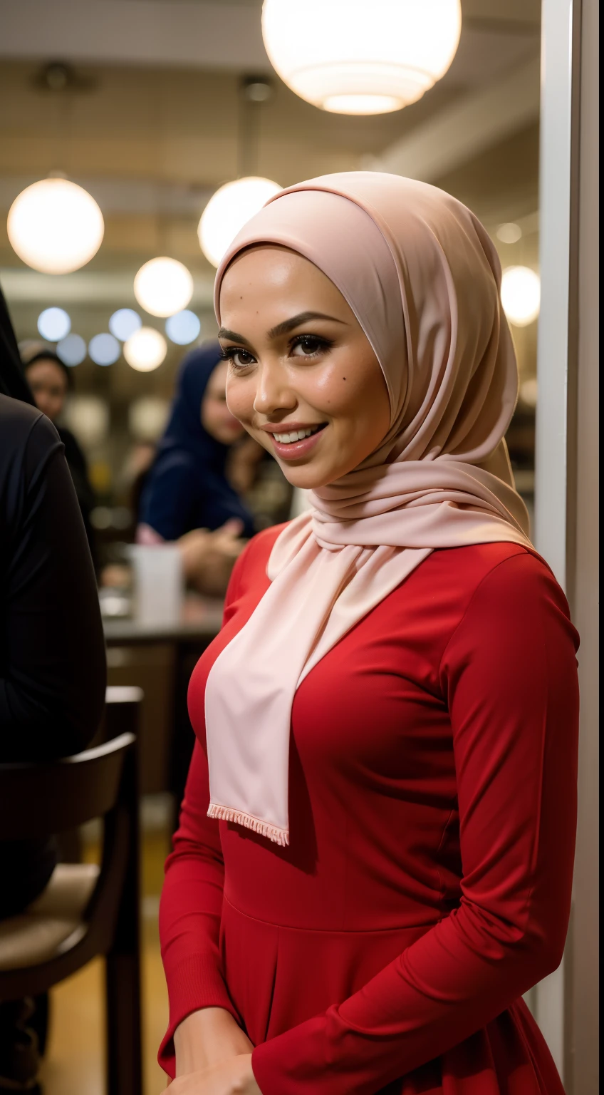 Malay girl in hijab, wear pastel red peplum dress, going to dinner, smiling, very long white hijab, wear necklace, front view, hijab blown, windy, detail skin, age spot, detail skin texture, mole below eyes, small breast, flat chest, wide hips, small waists, thick thighs, slim abs, beautiful body, nighttime, laughing, happy, bright lighting, people in background, college gym background, blur background, bokeh, location: dinner hall,