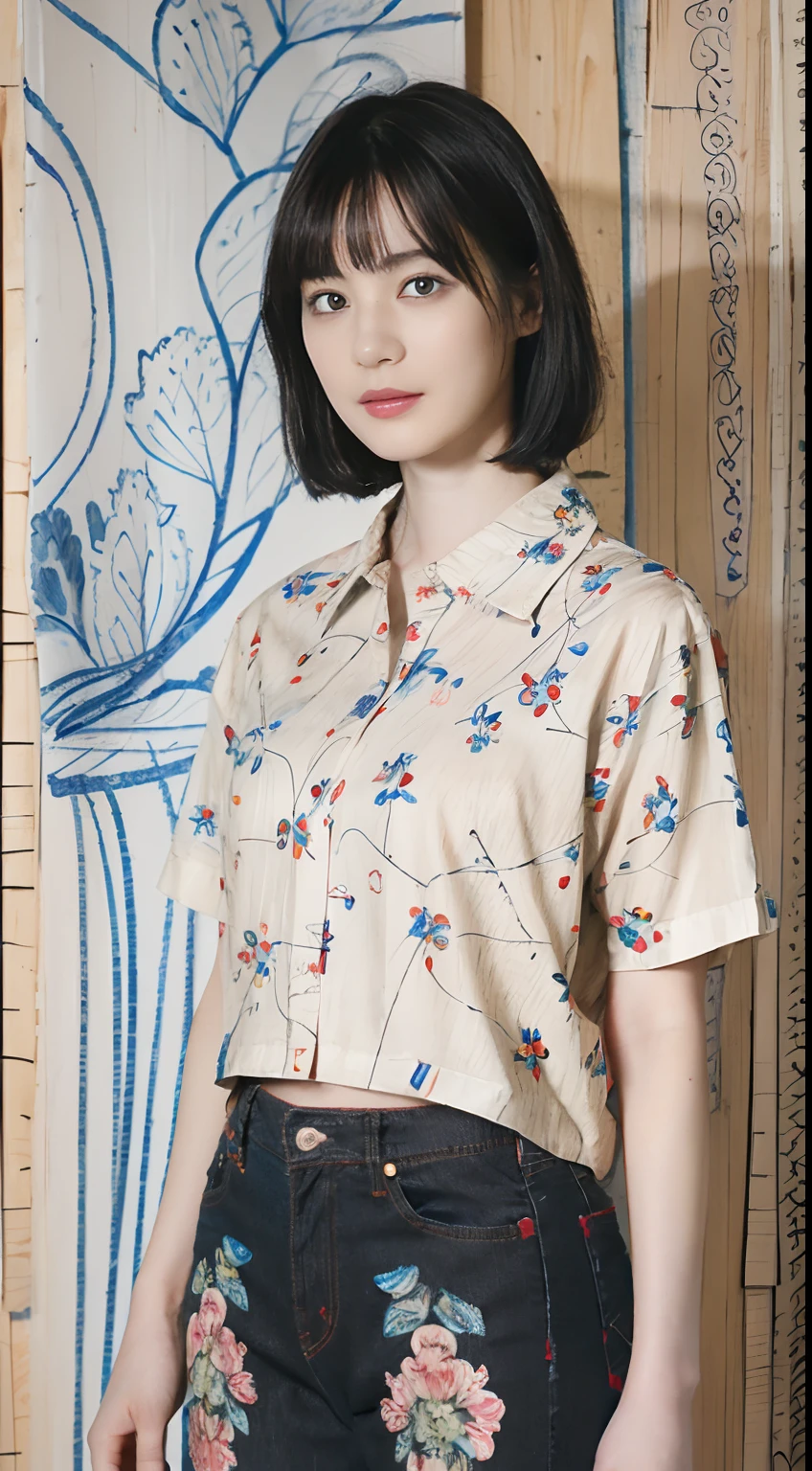 (Black Shorthair:1.2), (a 20 yo woman), (A hyper-realistic), (Masterpiece), (8KUHD), Looking at the camera, Slender waist, Wearing jeans, ((Floral Clothing - T-Shirts)), large full breasts, abstract painting, (doodle:1.46)
