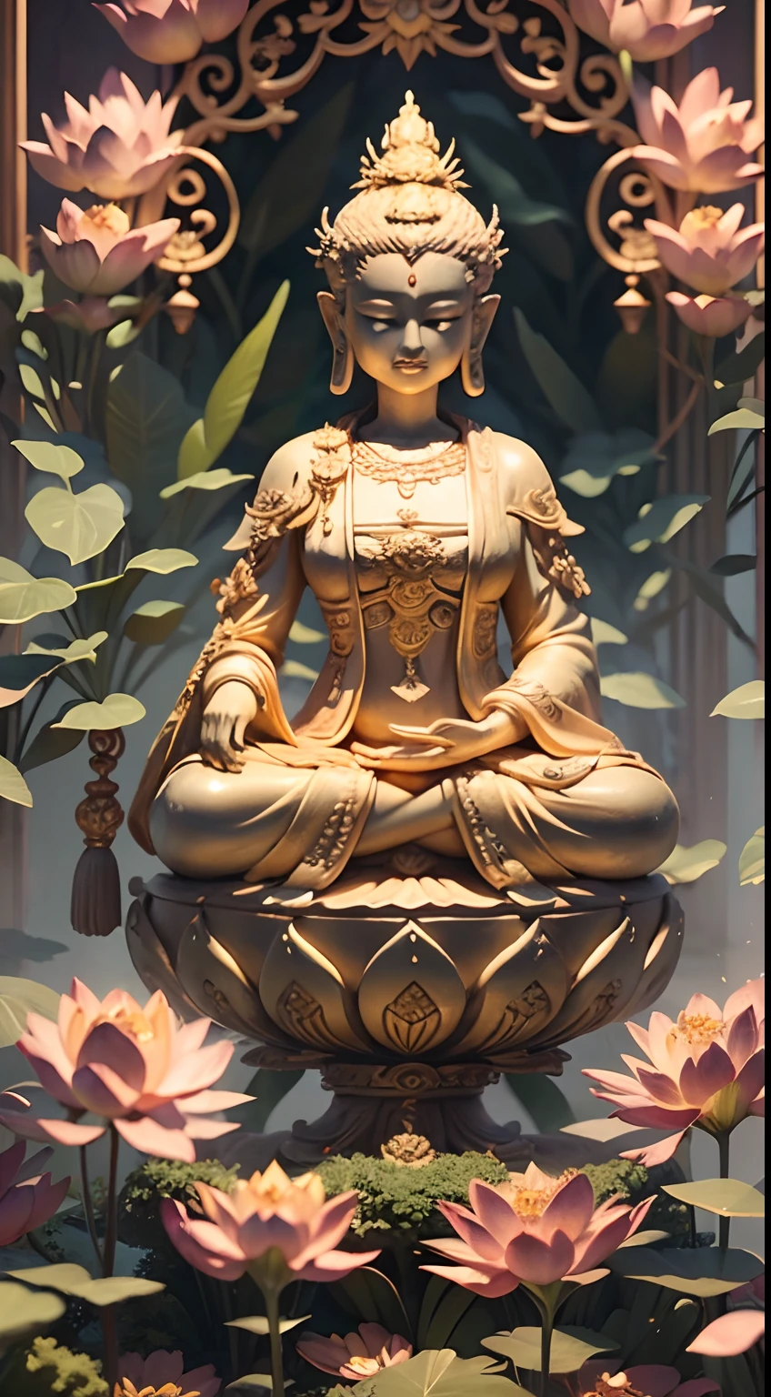 (Best quality,4K,8K,A high resolution,Masterpiece:1.2), Ultra-detailed, Realistic, The colors are vivid and saturated, Capture the essence of spirituality and serenity. The subject of the image is a majestic and towering large Buddha statue，Golden, Exudes a sense of divinity and peace.

The statue is beautifully made, Showcase intricate carvings and intricate details, Hands, and feet. The eyes of the Buddha statue are serene and compassionate, With tenderness, wise expression. The statue sits on a lotus throne, Symbolizes purity and enlightenment.

The Big Buddha statue is surrounded by lush greenery、Vibrant garden, flowers blooming，Lush greenery can be found everywhere. The garden is beautifully landscaped, A winding path leads to the statue, Create a sense of tranquility and harmony. Warm sunlight filters through the leaves, Project captivating patterns on the ground.

Ethereal lighting enhances the atmosphere of the image, Soften edges and illuminate details. The light creates a feeling of spiritual awakening, Emphasize the grandeur of the Buddha statue，And bring out its serene presence.

The artwork is rendered using advanced CG technology, Provide a mesmerizing visual experience. Textures and materials used during rendering simulate real-world surfaces, Give the artwork a tangible and realistic quality. The images are full of depth and realism, Make it feel like a window into the spiritual realm.

Overall, This masterpiece combines cutting-edge technology with the timeless beauty of traditional art, Create visually stunning and emotionally resonant pieces. It invites the viewer to contemplate the beauty of spirituality，And find solace in front of the big Buddha statue.