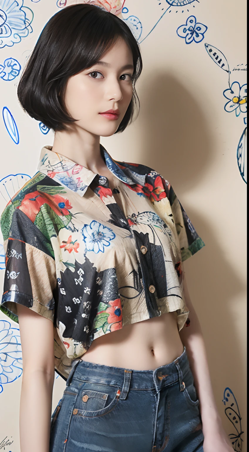 (Black Shorthair:1.2), (a 20 yo woman), (A hyper-realistic), (Masterpiece), (8KUHD), Looking at the camera, Slender waist, Wearing jeans, ((Floral Clothing - T-Shirts)), large full breasts, abstract painting, (doodle:1.46)