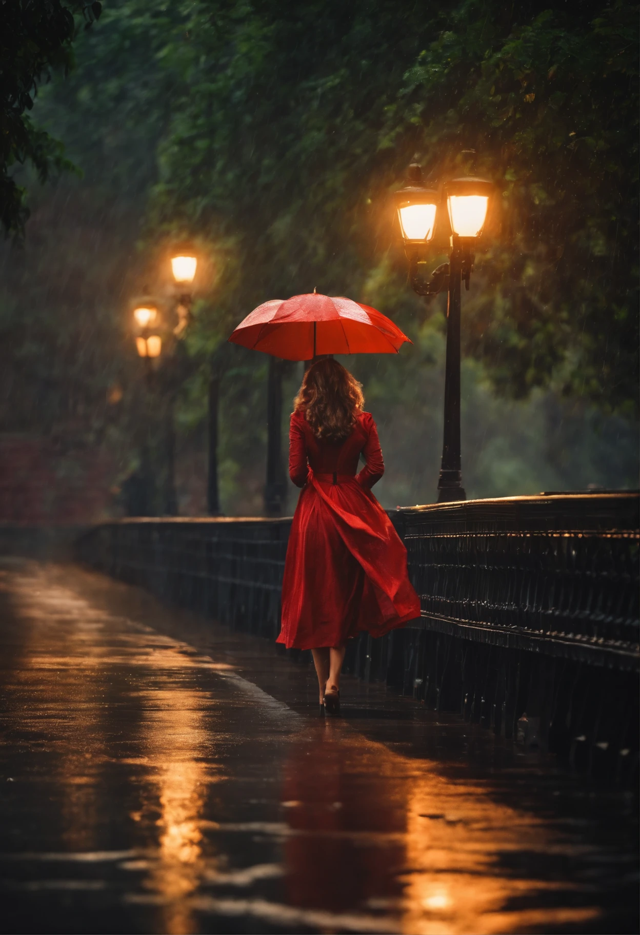 A girl walking on a bridge when it is raining
