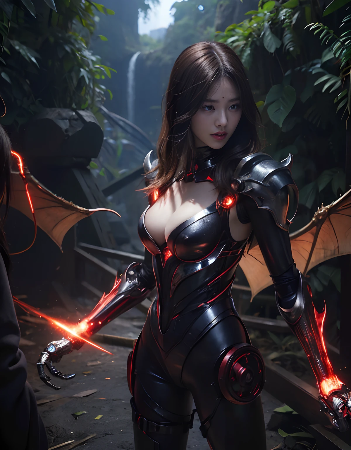 (1 Mechanical Girl)、top-quality、masterpiece、超A high resolution、(Photorealsitic:1.4)、Raw photo、1人、Fight mutants、glowy skin、(((1 Mechanical Girl)))、With a beautiful knife、(Blue Metal Bodysuit)、(Fight fiercely against aliens)、Fight fiercely、(beautiful forest background)、(Fighting Demonic Beasts)、(Small LED)、((super realistic details))、portlate、(Strong giant demon beast background),globalillumination、Shadow、octan render、8K、ultrasharp、Colossal tits、Raw skin is exposed in cleavage、metals、Details of complex ornaments、Japan details、highly intricate detail、Realistic light、(Mystical expression),CGSoation Trends、Red Eyes、radiant eyes、Facing the camera、neon details、(Mechanical limbs)、(blood vessels connected to tubes)、Mechanical vertebrae attached to the back、mechanical cervical attaching to neck、(Wires and cables connecting to the head)、Gundam、Small LED、,Mechanical thighs、Toostock、(Hands are also made of machines)、(Attack of the Monster Beasts)、(Wounded in a deadly battle)、