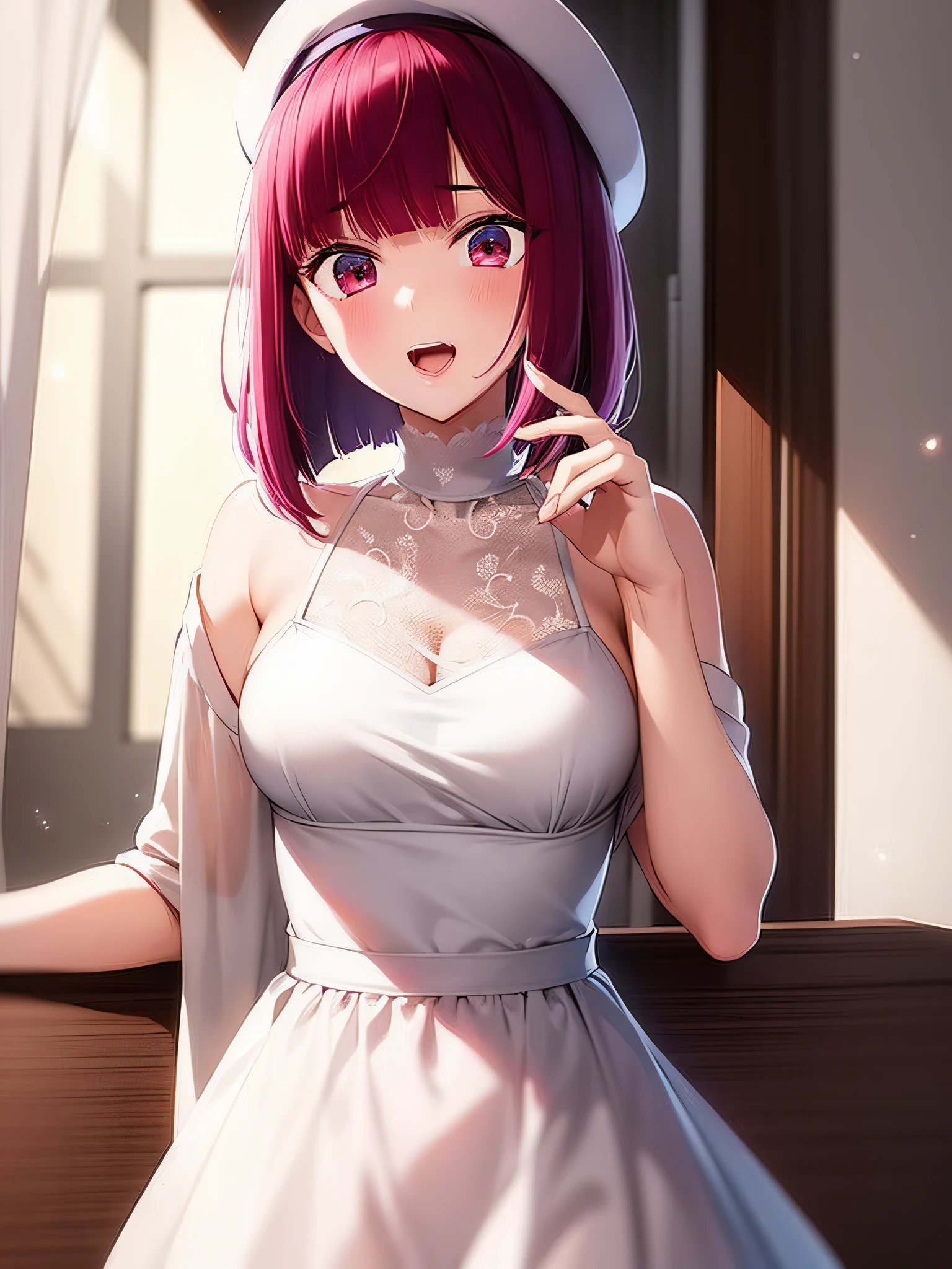 1 girl, Graduation Bob, Straight short hair,  Medium violet redhead, Medium Violet Red Eyes, big drooping eyes, Small beret, selfish, See-through, Sexually suggestive