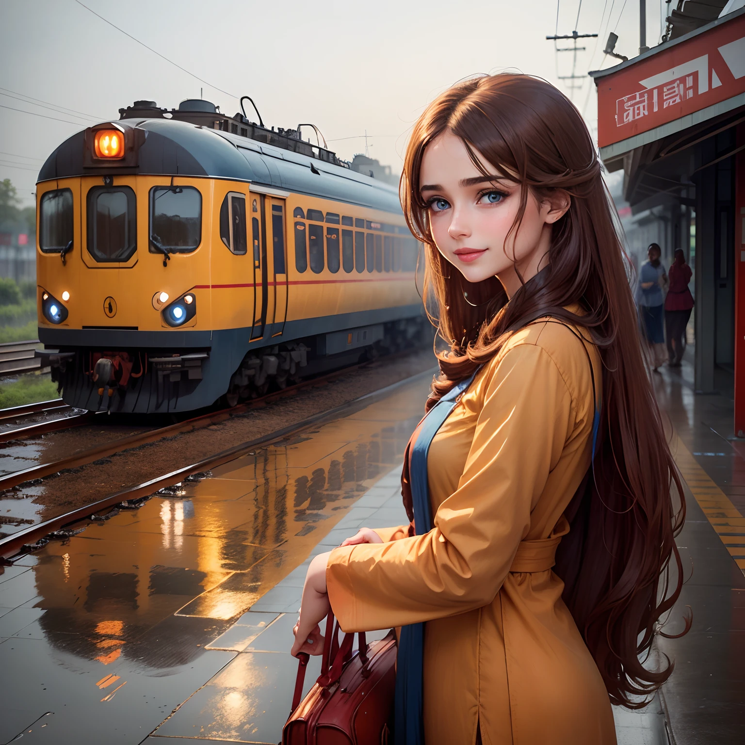 Cute girl blue eyes, long brown hairs, smooth Face, orange shalwar and kameez,red lipstick, standing on a railway station, the railway station is wet wet because of rain, and a beautiful train behind her, beautiful hair style, and smile on face