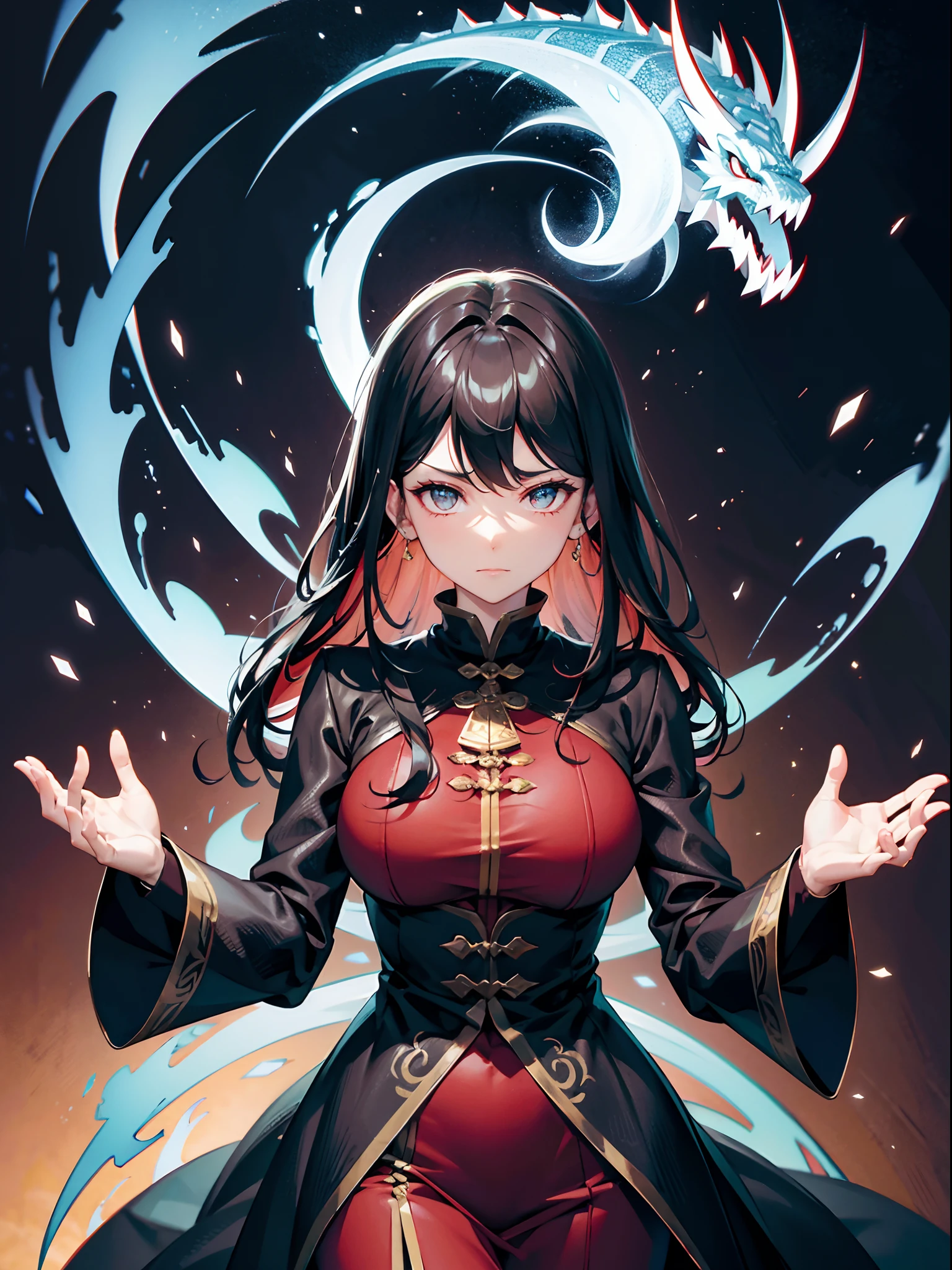 An anime poster featuring a dark magical girl, young and dangerous, white medium-long hair, curly hair hanging down, upper body witch robes, delicate witch hats, skull jewelry and necklace decorations, lean figure, three-dimensional facial features, fierce and fierce eyes, clasped hands together, chanted incantations, summoned a skeleton wearing the broken armor of a Japanese samurai behind him, a large number of blue skulls souls surrounded, flowing special effects, red background, visual impact, Devil's Art, Real human skeletons, manga style art, Light red and light black, action painting