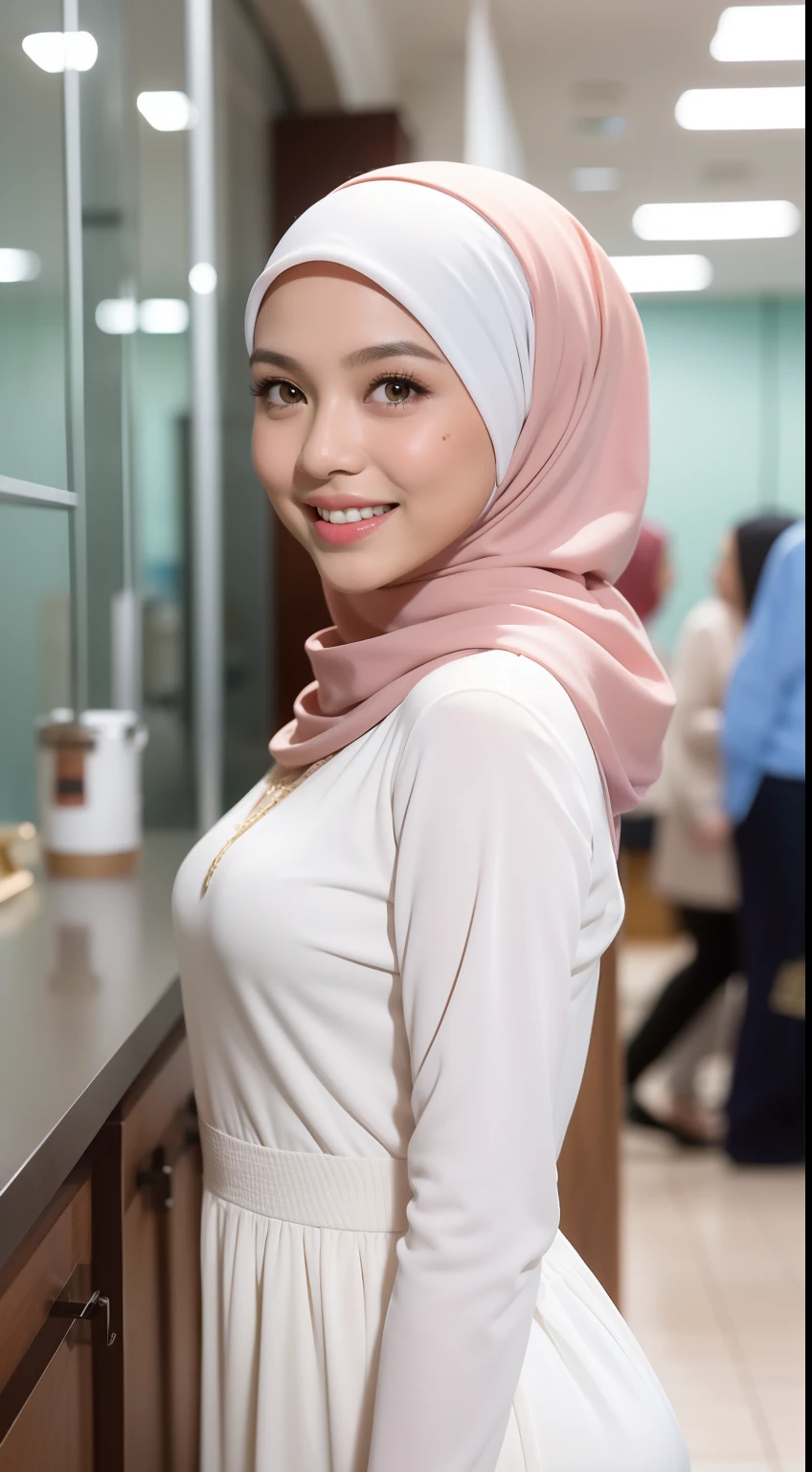 Malay girl in hijab, wear pastel white peplum dress, going to dinner, smiling, very long white hijab, wear necklace, front view, hijab blown, windy, detail skin, age spot, detail skin texture, mole below eyes, small breast, flat chest, wide hips, small waists, thick thighs, slim abs, beautiful body, nighttime, laughing, happy, bright lighting, people in background, college gym background, blur background, bokeh, location: dinner hall,