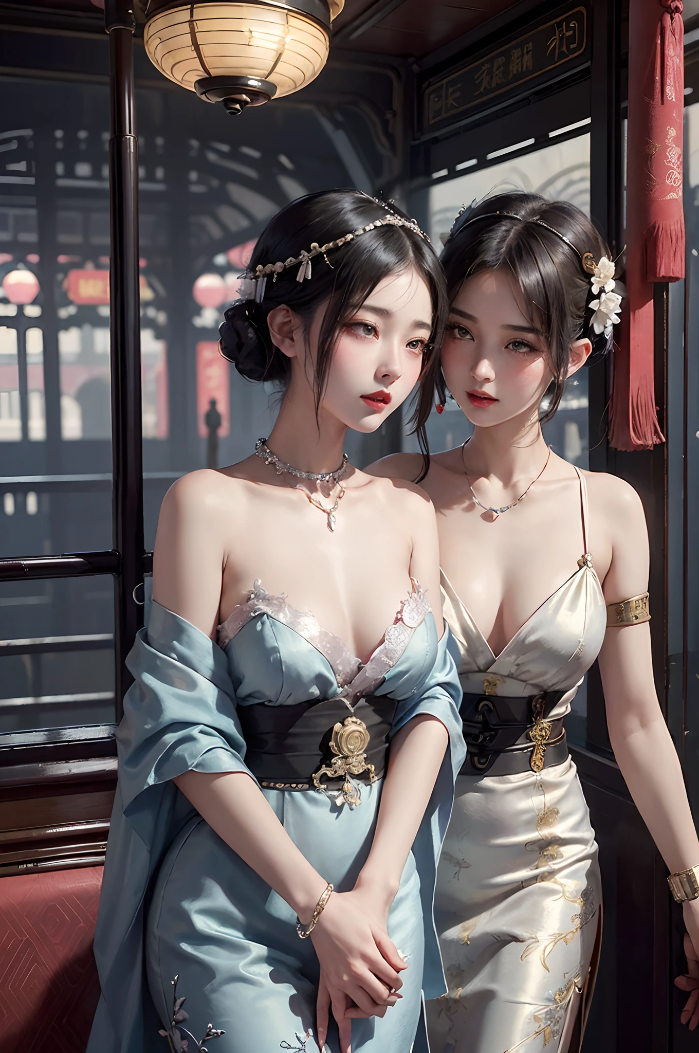 tmasterpiece,RAW photogr,hyper qualit, ultra - detailed,Perfect drawing,Two beautiful girls, Lovers, lesbians,(in the railway station 1920's Shanghai,retro train background:1.6),(Geisha hairstyle,giant Geisha hairstick:1.6,Geisha hair ornament,armlets, bangle:1.3),Dodge kisses,bauhaus, bulgari, official valentino editorial,half-open lips, Suck your lips firmly, Drooling, elegant, Brilliant, Beautiful, Blush (0.2), Gorgeous, Beautiful, Gorgeous, gentle, Starry sky, Milky Way, Summer triangle, Tanabata and bamboo ornaments, Precise drawings, a detailed drawing,