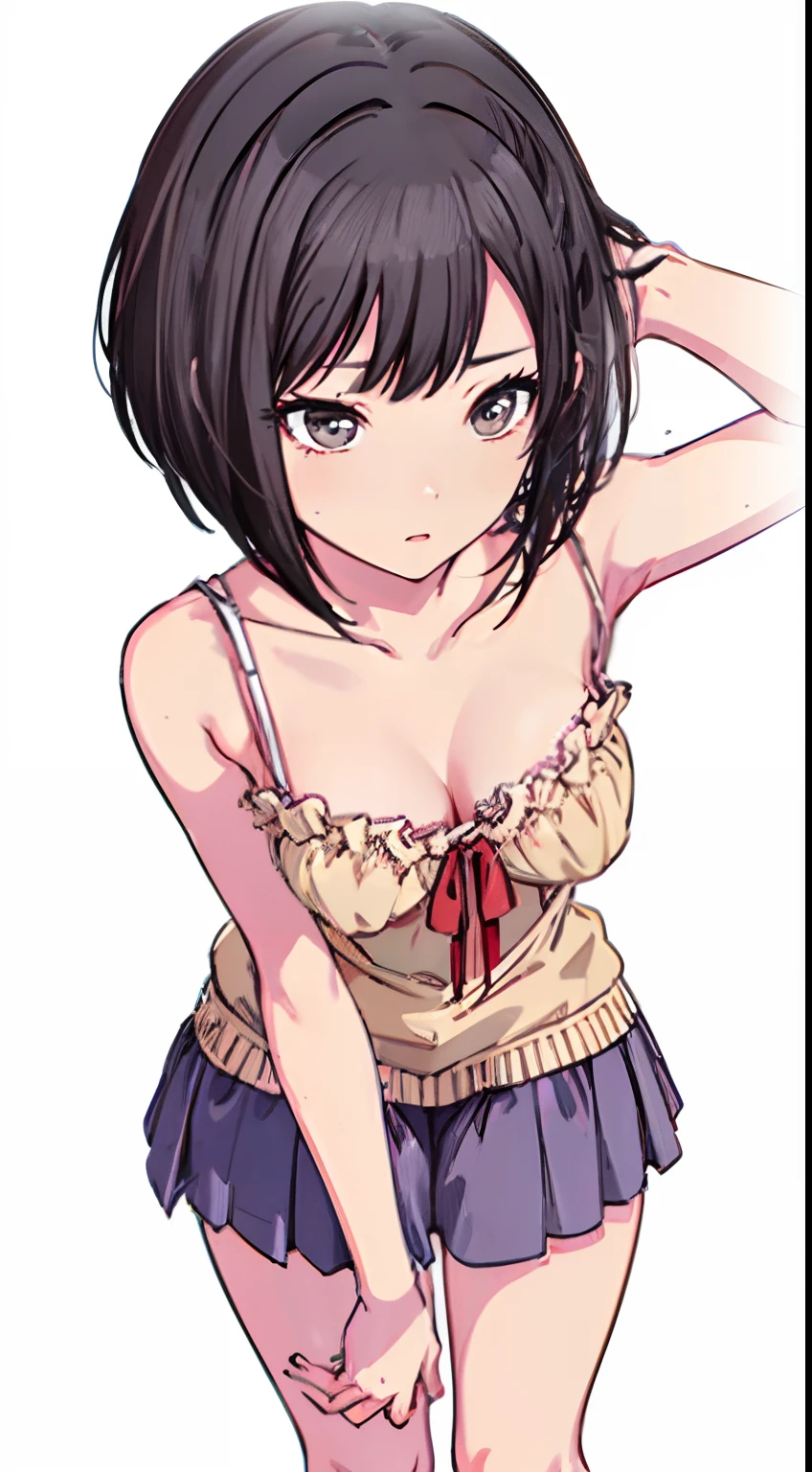 (Camisole　Pull up your skirt to show your panties　Gravure Pose　ighly detailed　clear outlines　Beautiful face　Beautiful skin)  thin-waist　A slender　ribbed　skinny limbs　teats　cleavage of the breast　Beautiful breasts　a short bob　Uterine mouth　Beautiful fingertips　Illustrator