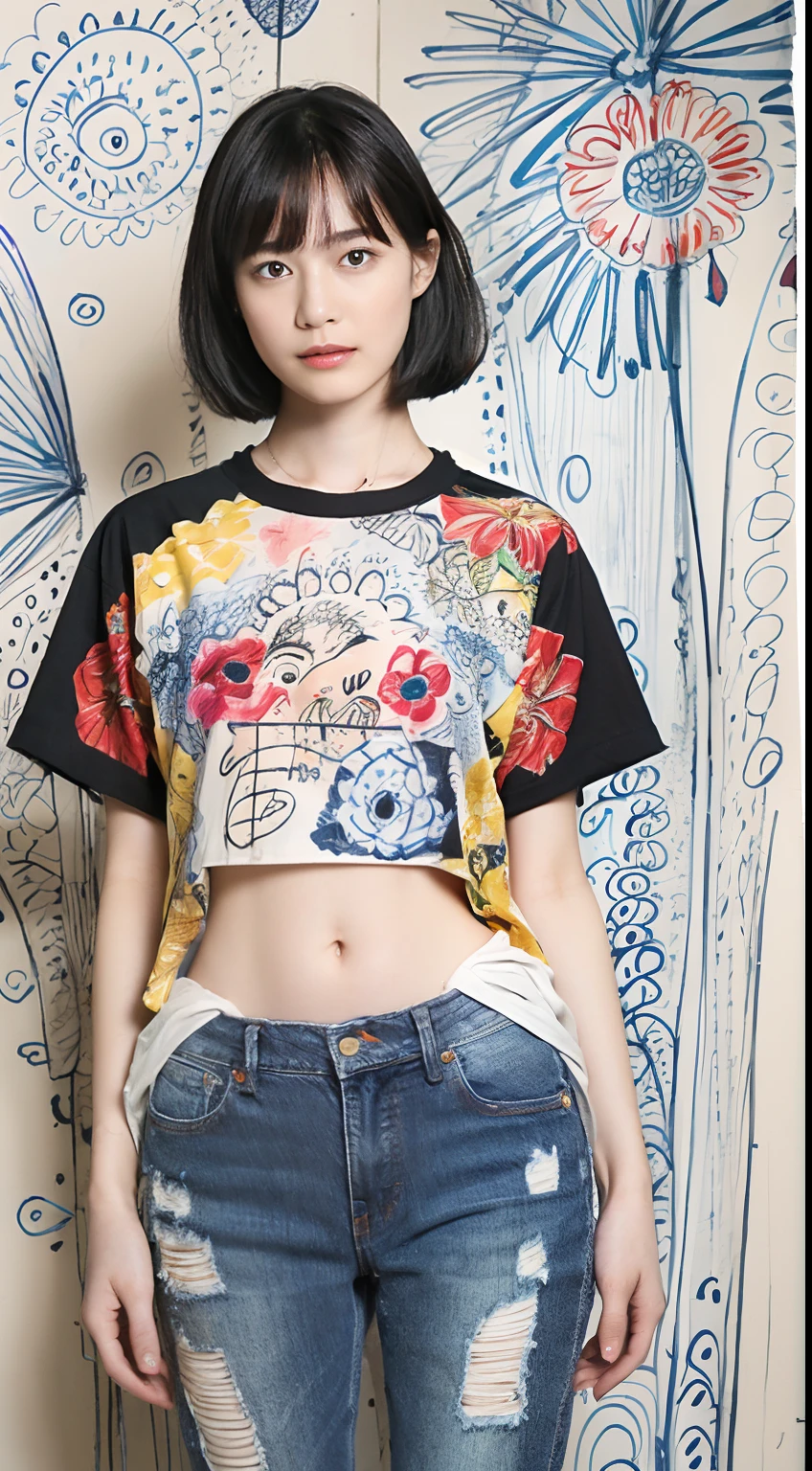 (Black Shorthair:1.2),  (a 20 yo woman), (A hyper-realistic), (Masterpiece), (8KUHD), Looking at the camera, Slender waist, Wearing jeans, ((Floral Clothing - T-Shirts)), large full ???????, abstract painting, (doodle:1.46)