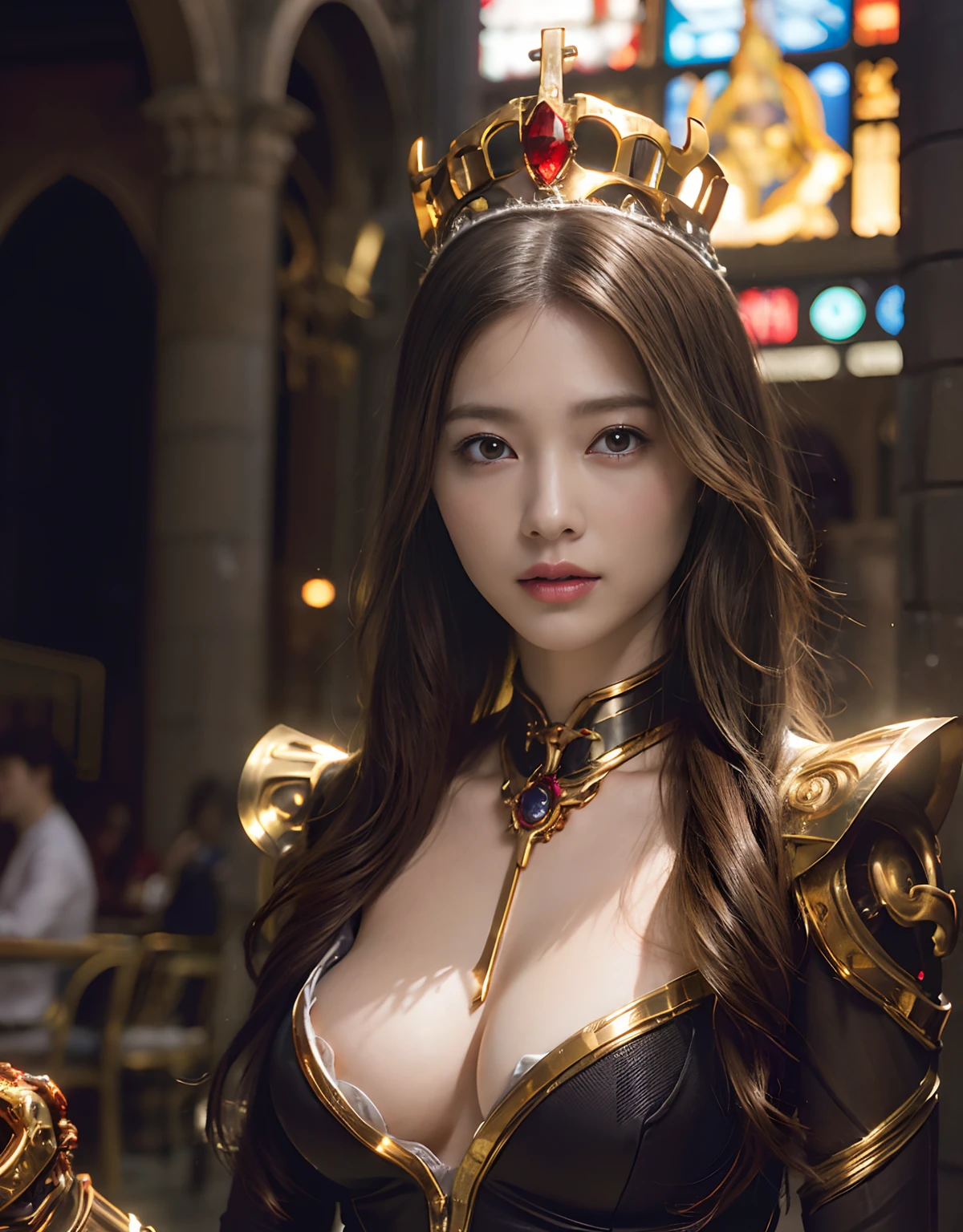 (1 Mechanical Girl)、top-quality、​masterpiece、超A high resolution、(Wearing a crown made of jewels),(Photorealsitic:1.4)、Raw photo、女の子1人、Golden hair、glowy skin、(((1 Mechanical Girl)))、（Realistic dragon background）、（Fight big dragons）、With a beautiful knife、（Metal bodysuit）、(Beautiful church background)、Precipitous cliffs、(Small LED)、((super realistic details))、portlate、globalillumination、Shadow、octan render、（One-Eyed Scouter）、8K、ultrasharp、Colossal tits、Raw skin is exposed in cleavage、metals、Details of complex ornaments、Japan details、highly intricate detail、Realistic light、CGSoation Trends、Red Eyes、radiant eyes、Facing the camera、neon details、(Mechanical limbs)、(blood vessels connected to tubes)、Mechanical vertebrae attached to the back、mechanical cervical attaching to neck、(Wires and cables connecting to the head)、Gundam、Small LED、,Mechanical thighs、Toostock、（Hands are also made of machines）、