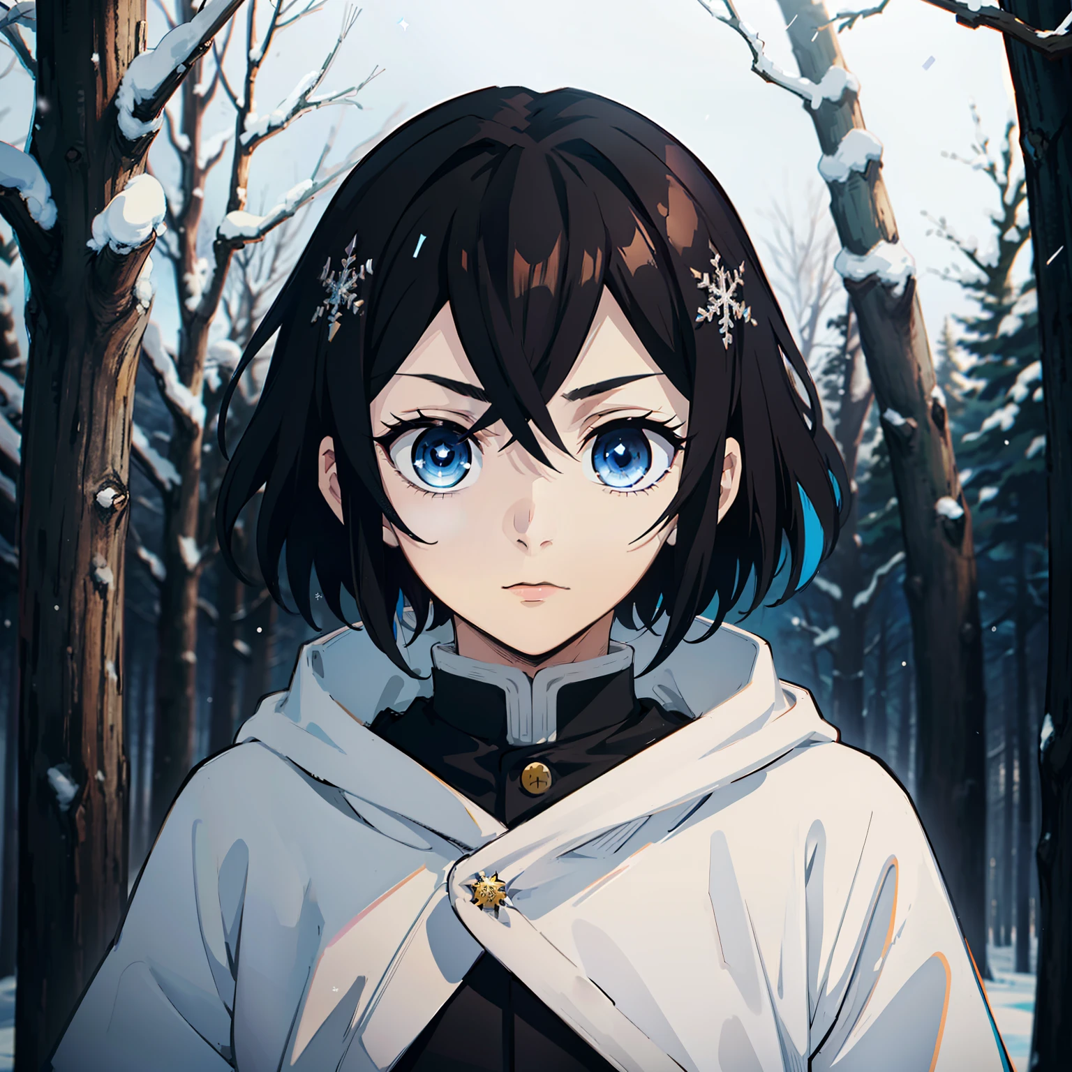 animesque, (Best Quality), ((1guy)) , The boy stands still (Young and young), (snowy forest with sunrise), (((Extremely short hair))), (((Black hair))), (((No bangs))), ((Cool blue eyes)), komono, Open Black Coat ((Black with snowflake pattern)), ((Hem of the waist)), The Art of Demon Slayer, demon slayer artstyle, Kimetsu no Yaiba, ((a closeup)), ((portrait of the))