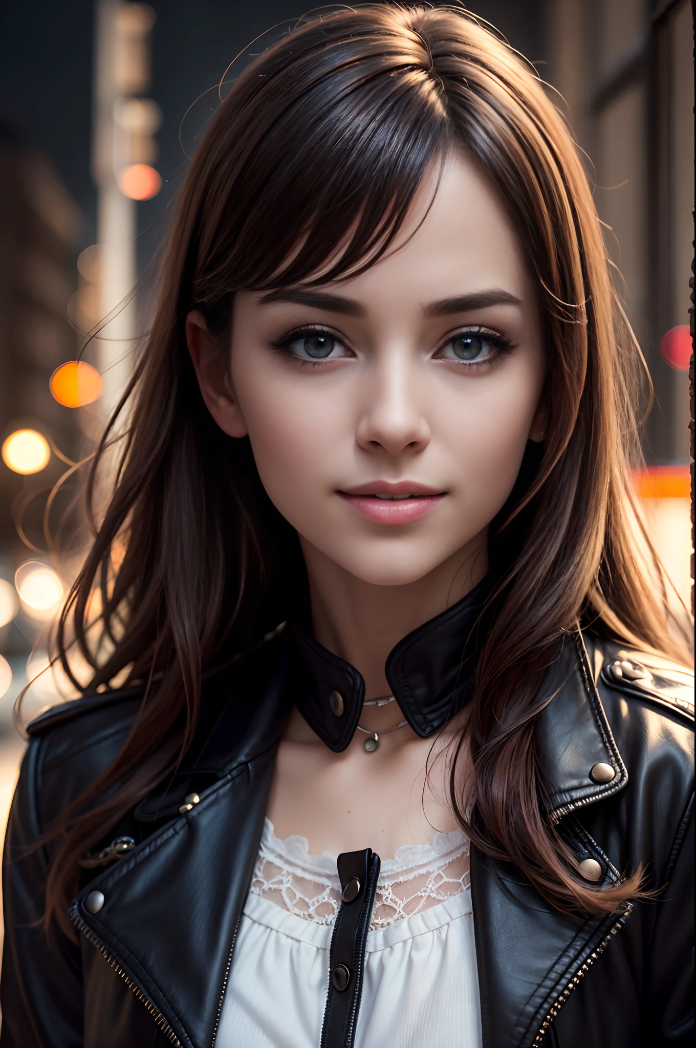 (8k, best quality, masterpiece:1.2), (realistic, photo-realistic:1.37), ultra-detailed,
1 girl,cute, solo,beautiful detailed sky,detailed cafe,sitting,dating,(nose blush),(smile:1.15),(closed mouth) small breasts,beautiful detailed eyes, collared shir, black leather jack coat, white lace, black choke ,
(medium longth hair:1.2),floating hair ,NovaFrogStyle, white skin,cinematic light,night street,street light
