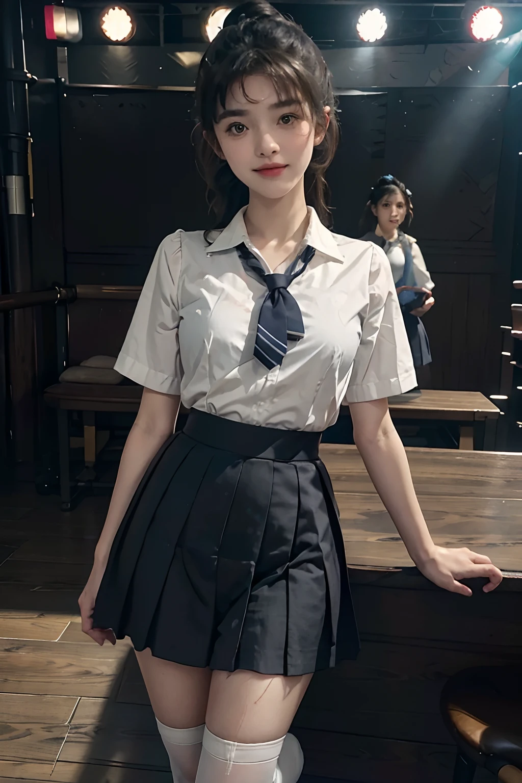ultra - detailed，realisticlying，(1girll)，be on stage，stage lighting，(detailedbackground)，[(Detailed face)：14]，(Detailed nose redness)，(middlebreast)，(Detailed double ponytail)，(waved hair)，Daylight details,(highdetailskin:1.4),(Flat bangs),Focus on the face,(Black eye details:1.4),(largeeyes),(White  socks),Clean and pure face,(Seductive smile),(Short-sleeved jk_sailors),JK_Style,(Deep Blue JK_Skirt),(Bow jk_tie),(Black loafers)，standing on your feet
