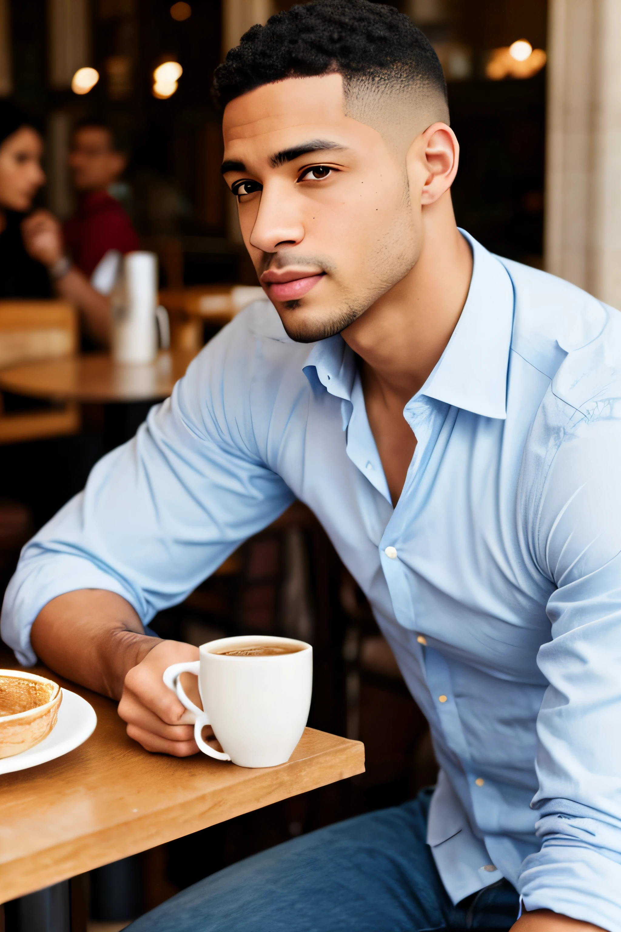 high quality handsome light skin mixed race man with short hair, having a coffee in a parisian café