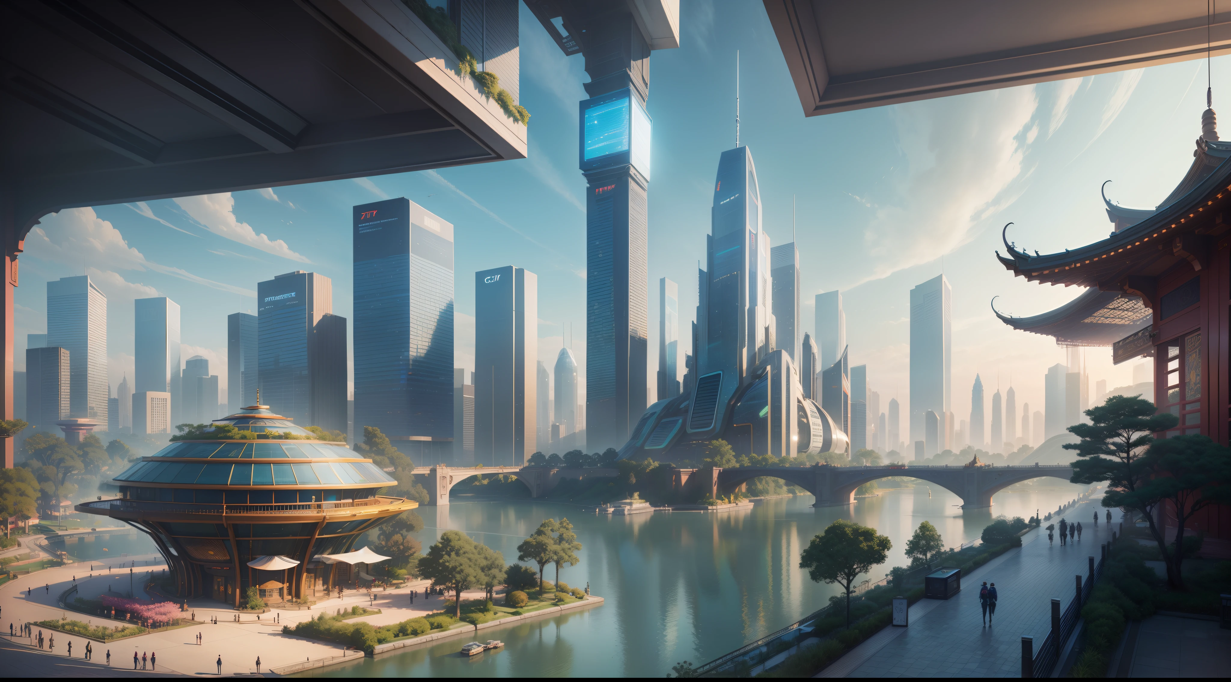 (top-quality,tmasterpiece,超A high resolution8K),(cyber punk perssonage,Cidade futuristica),(Dream, sfv),(epcot),(skyscrapper),{Chinese garden}