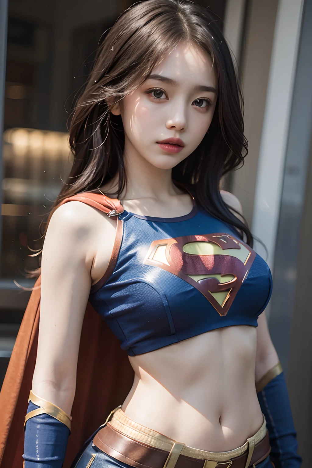 1 girl, solo, long hair, crop top, supergirl, superhero landing