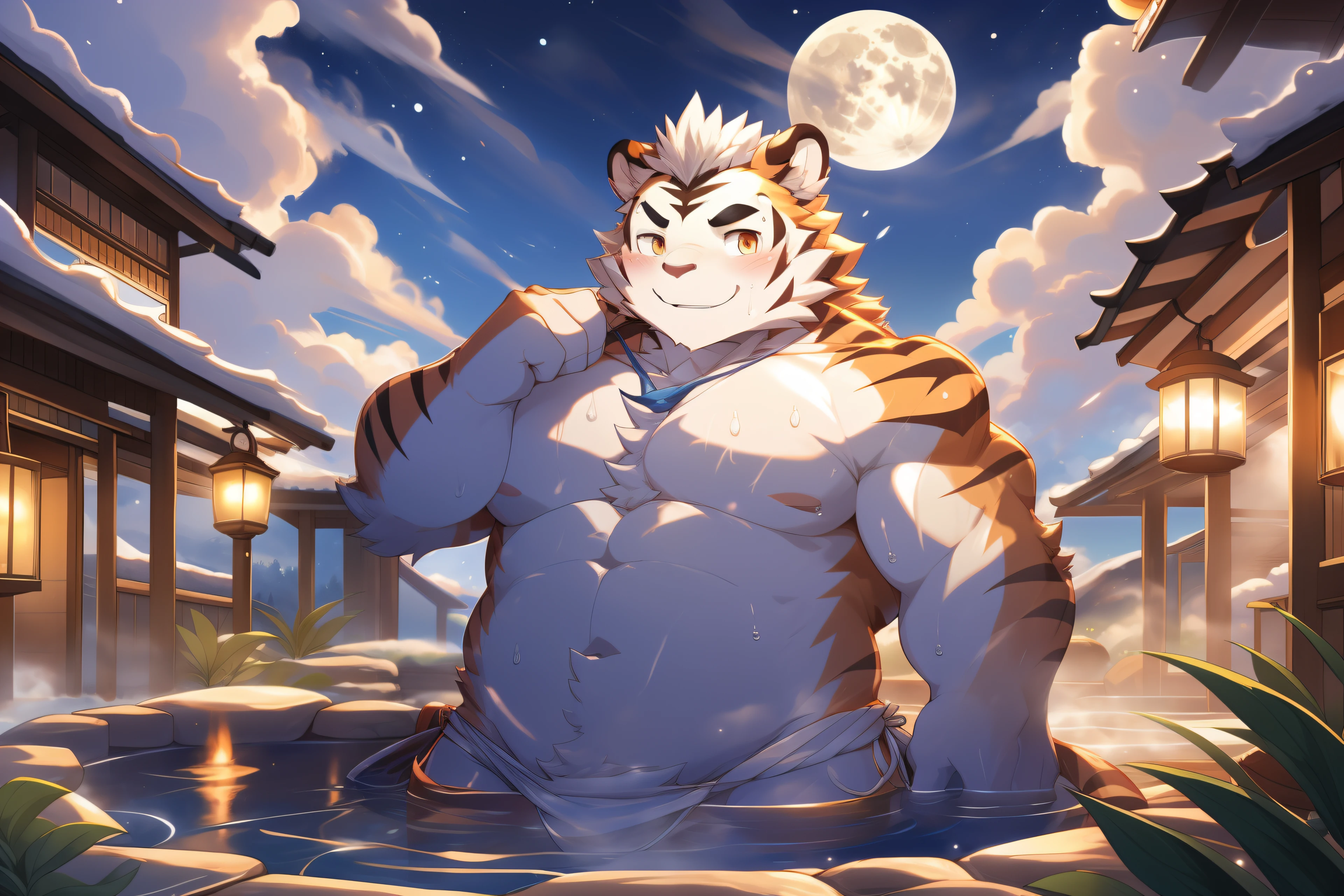 tmasterpiece，the night，anthropomorphic tiger，male people，26 year old，Thick eyebrows，Orange-yellow fur，Strong body，large pecs，bare full body，Pink milk clusters，white fundoshi, , medium bulge，soaked in the hot spring，teacup，open air，vale，vapour，sweat leggs，ssmile，Be red in the face，looking toward the viewer，Golden pupils，Strong，Solo，frontage，Full body photo，A huge full moon in the sky，Auspicious clouds，green plant，Lanterns