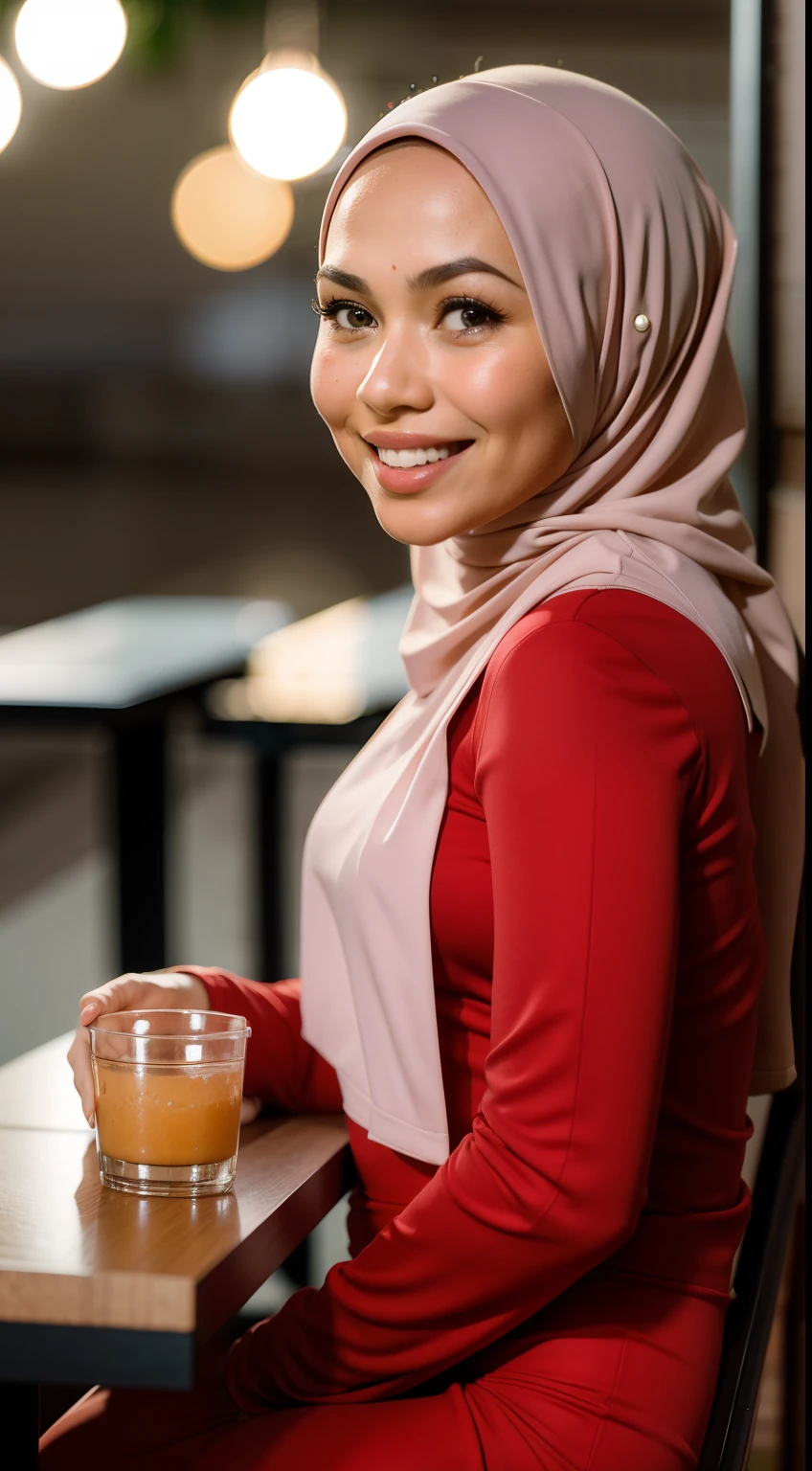 Malay girl in hijab, wear pastel red peplum dress, going to dinner, smiling, very long white hijab, wear necklace, front view, hijab blown, windy, detail skin, age spot, detail skin texture, mole below eyes, small breast, flat chest, wide hips, small waists, thick thighs, slim abs, beautiful body, nighttime, laughing, happy, bright lighting, people in background, college gym background, blur background, bokeh, location: dinner hall,