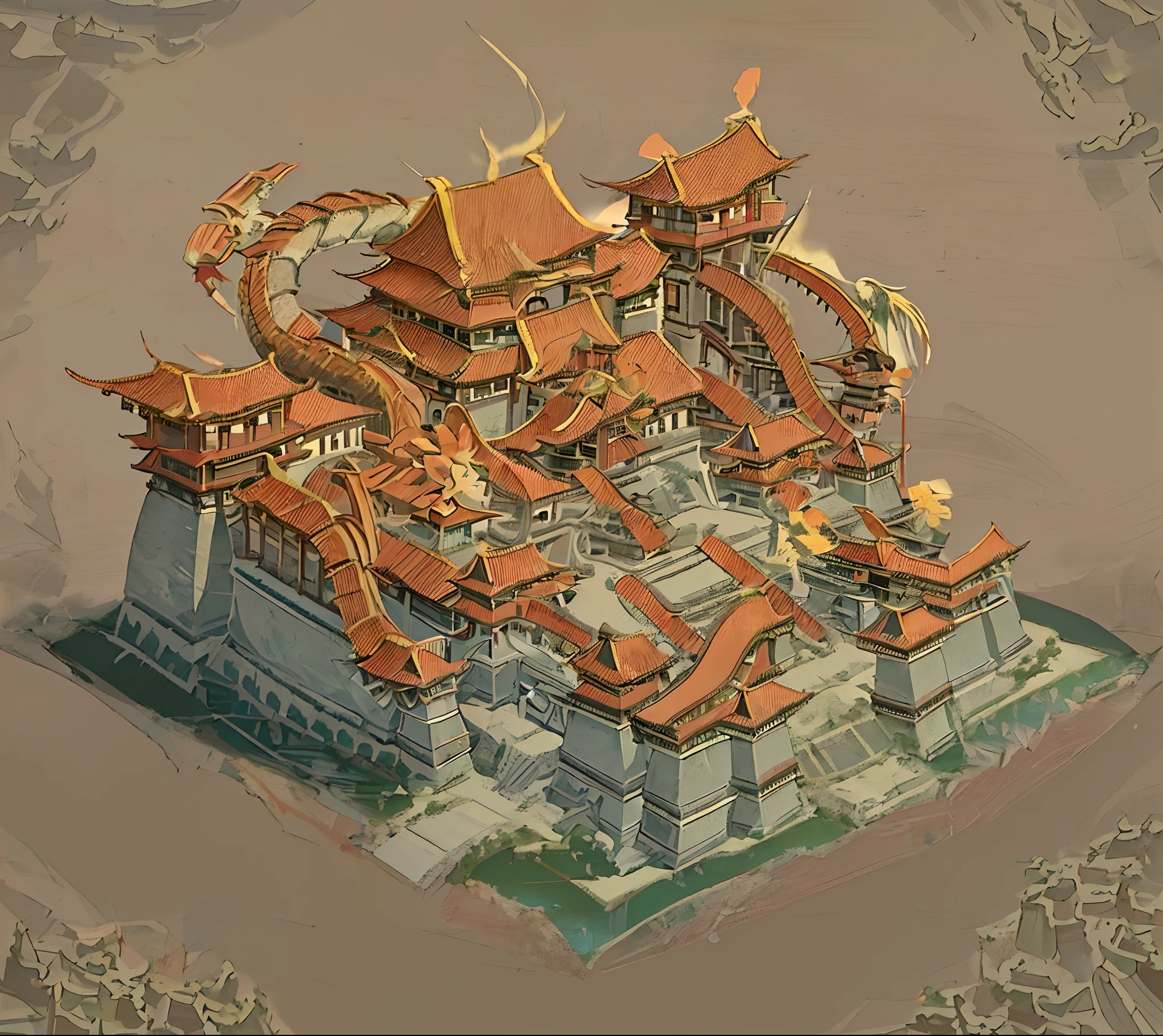 Close-up of the building，There is a dragon on it, Beautiful rendering of the Tang Dynasty, fortress mega structure city, Tang Dynasty Palace, Chinese style buildings, monumental giant palace, large temples, Ancient temple, chinese three kingdoms, feudal japanese setting，SLG games，Top angle of view