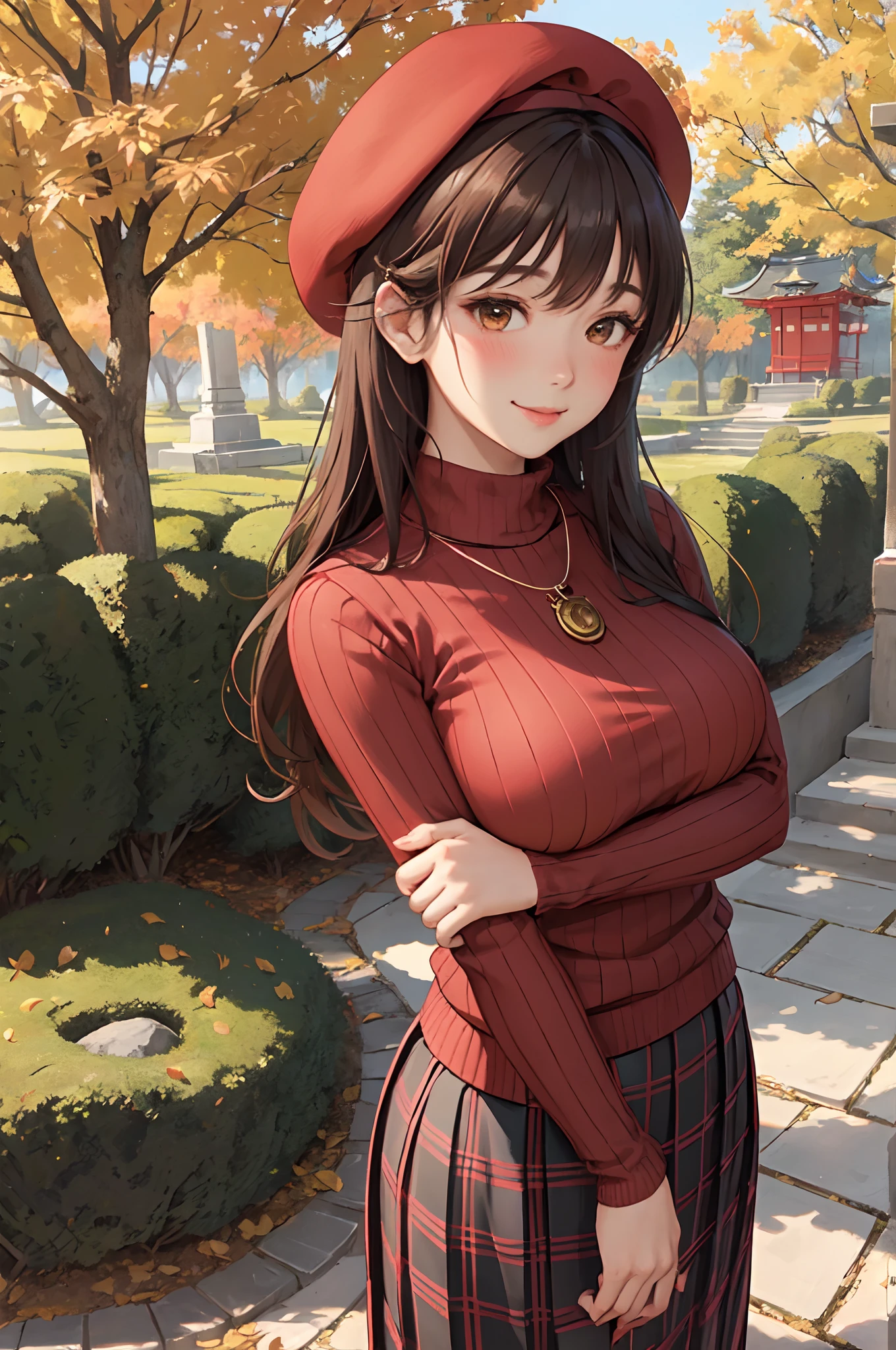 1lady standing, mature female, /(ribbed sweater/) /(red plaid skirt/) beret necklace, /(brown hair/) bangs, blush kind smile, (masterpiece best quality:1.2) delicate illustration ultra-detailed, large breasts, arms down BREAK /(pubric park outdoors/) bricks road, autumn foliage trees, japanese shrine, detailed background