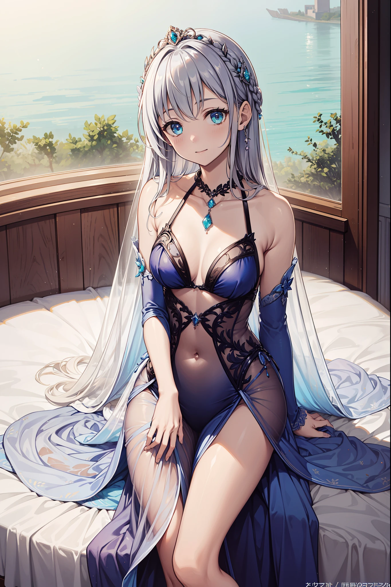 (Best quality,4K,8K,A high resolution,Masterpiece:1.2)，teens girl，Enchanted，having fun，Being in love，Light princess dress，Silvery hair，Sky Blue Eye,Deep purple swimsuit,see-through transparent clothes，A small amount of aqua blue cloth,A small amount of lace，A small number of white folds，exquisite costumes，Royal bedroom with bed，solo person，the night