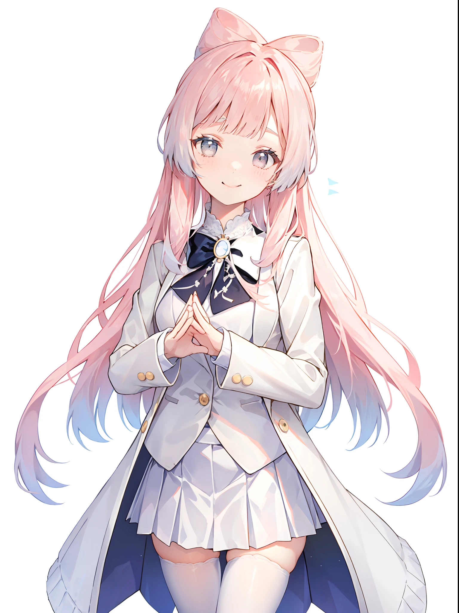 white background, formal outfit, cute pose, white long sleeve, checkered skirt pattern, coat