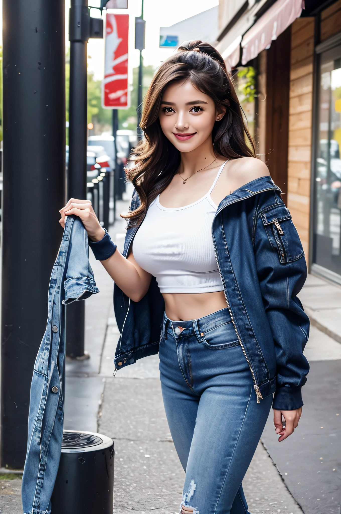 Realism: 0.8), 6+ Girls, (a 18 year old girl: 1.4), Neat and clean gal, (Big breasts: 1.4), (cheeky grin: 1.1), (stolen goods: 1.1), Camisole, Mesh (Tank top: 0.9), (Tube Top: 1.1), T-shirt, Off-the-shoulder crop top, Mini skirt, sneakers, Sandals, (denim: 0.9), (Shorts: 0.9), Compression shorts, (parka: 1.1), (Track jacket: 1.1), (windbreaker: 1.1), (Jeans Jacket: 1.1), (Unzip: 1.2), Open front, ((on a parking lot))、((Unzipping jeans))、Large curly hair
